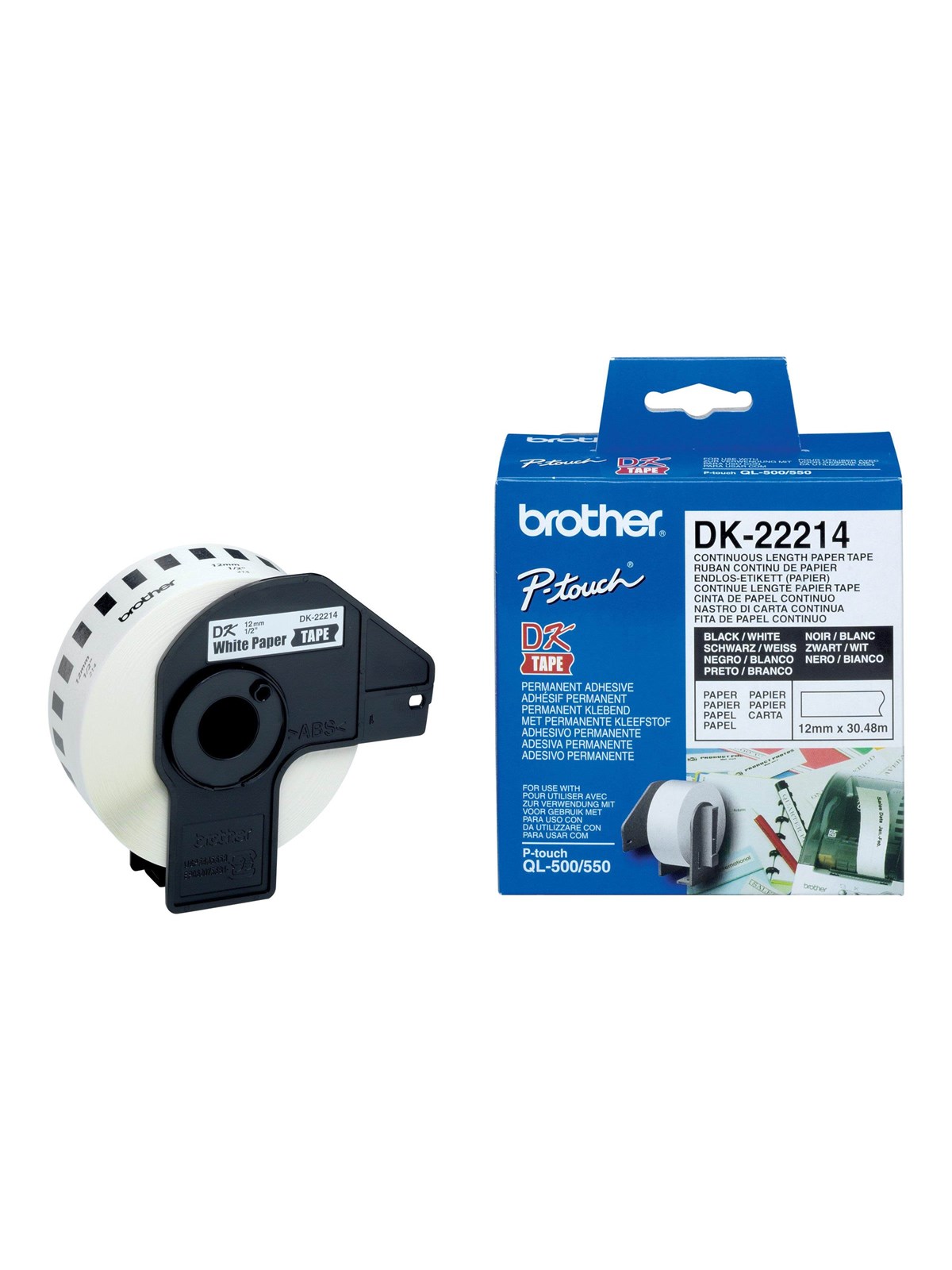 Brother Dk-22214 Continuous Paper Label Roll - Black on White 12mm Wide - Papier Fotopapier Und Etiketten