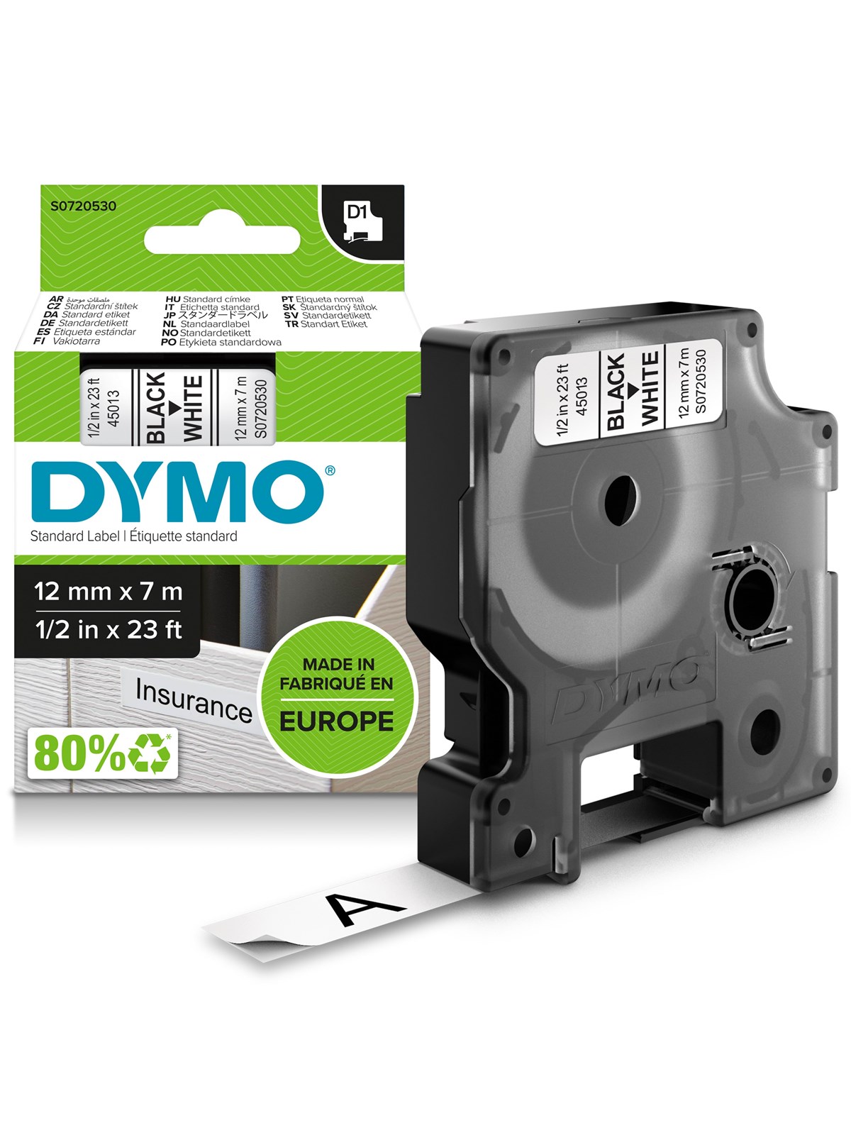 DYMO D1-Etikettenband | schwarz auf weiß | 12 mm x 7 m