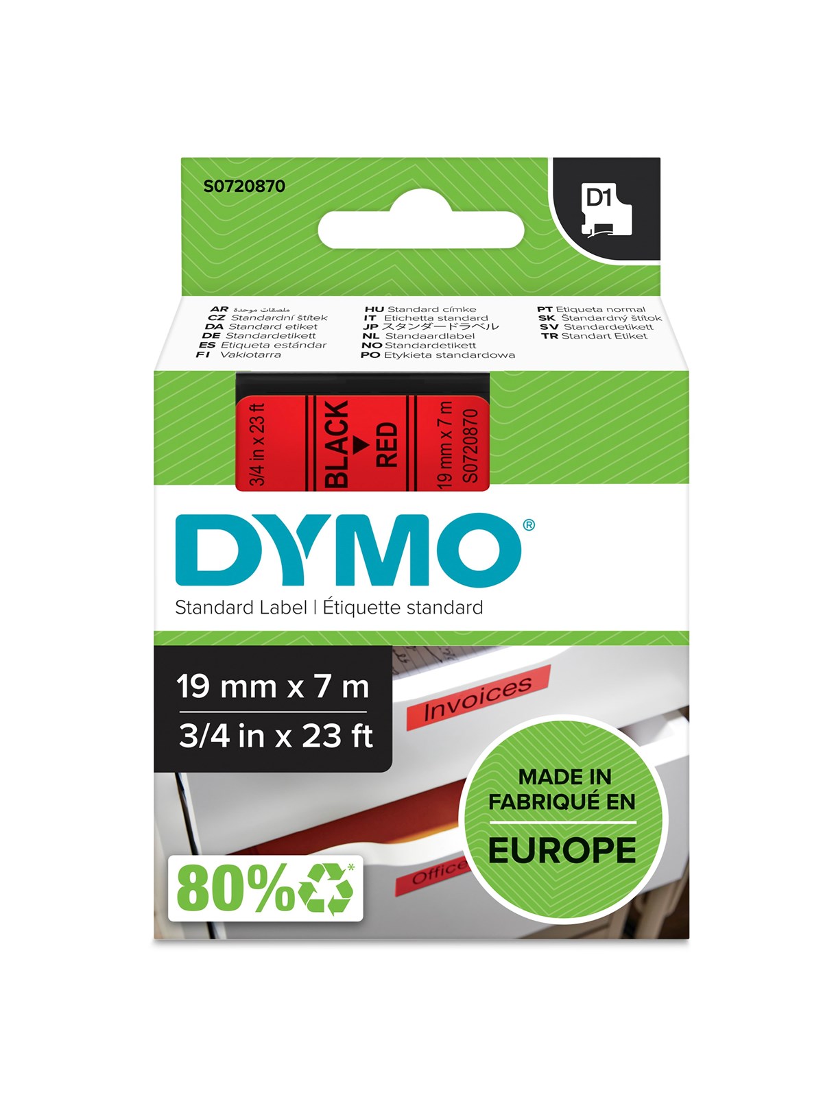 DYMO D1-Etikettenband | schwarz auf rot | 19 mm x 7 m