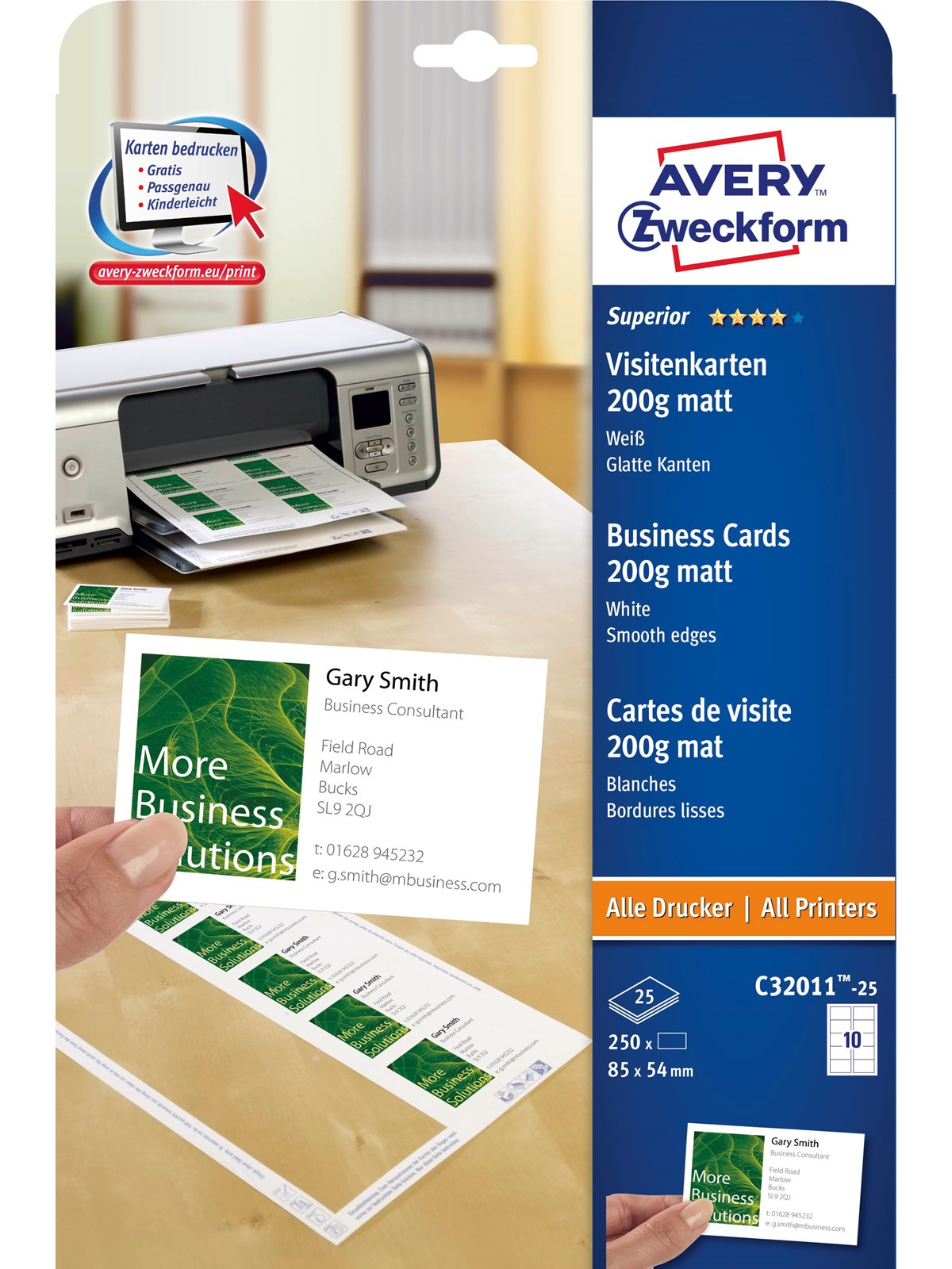Avery Business Cards White Single-sided Print 200g Quick & Clean - Papier Fotopapier Und Etiketten - C32011-25