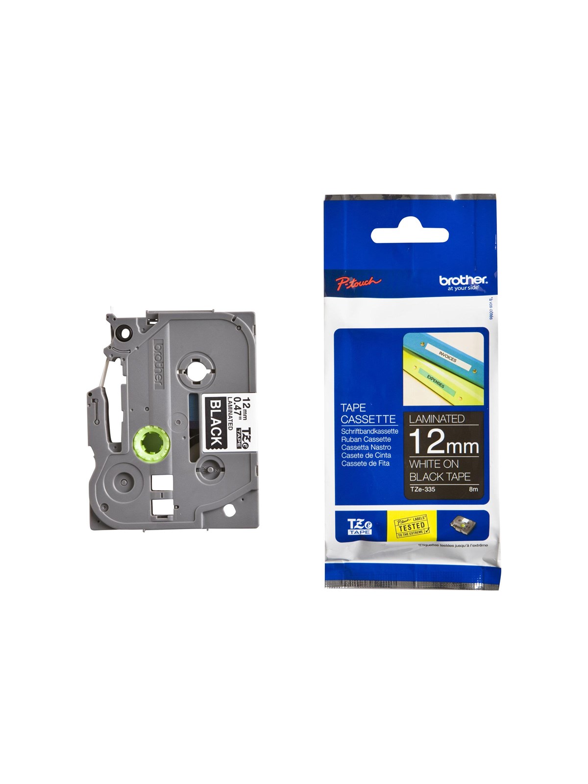 Brother Tze335 12mm (0.47") White on Black Label Tape For P-touch 8m - Papier Fotopapier Und Etiketten