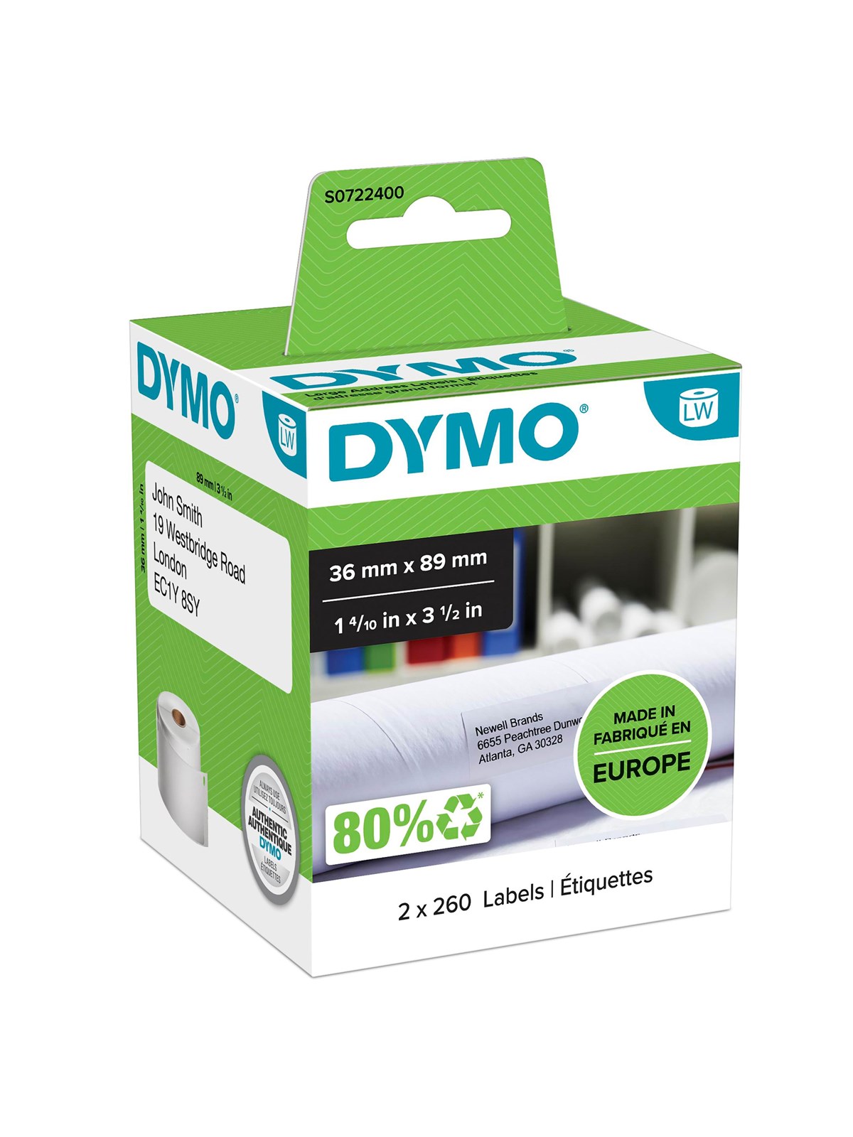 Dymo Labelwriter Adressetiketten (Groß) | 36 mm x 89 mm | Schwarzer Druck Auf Weißem Untergrund | 2 Rollen Mit je 260 Etiketten (520 Stück) | 