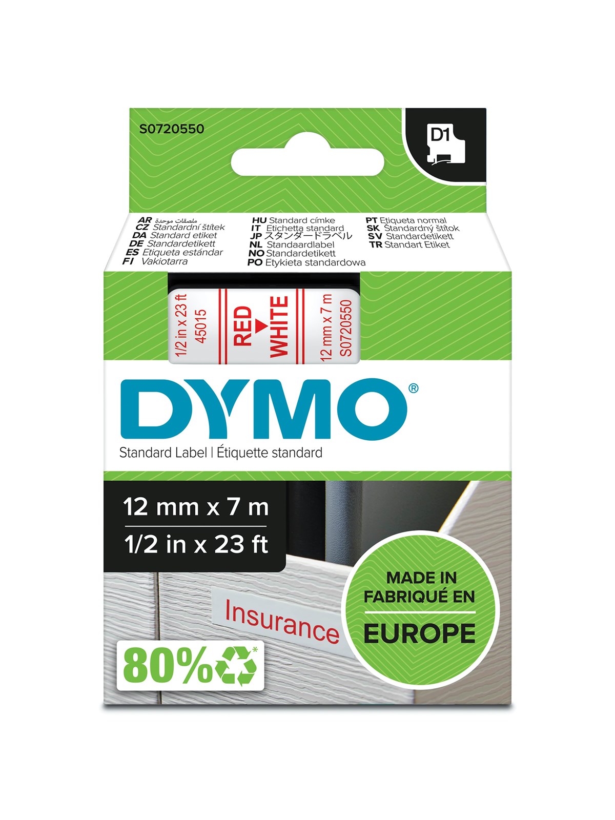 DYMO D1-Etikettenband | rot auf weiß | 12 mm x 7 m