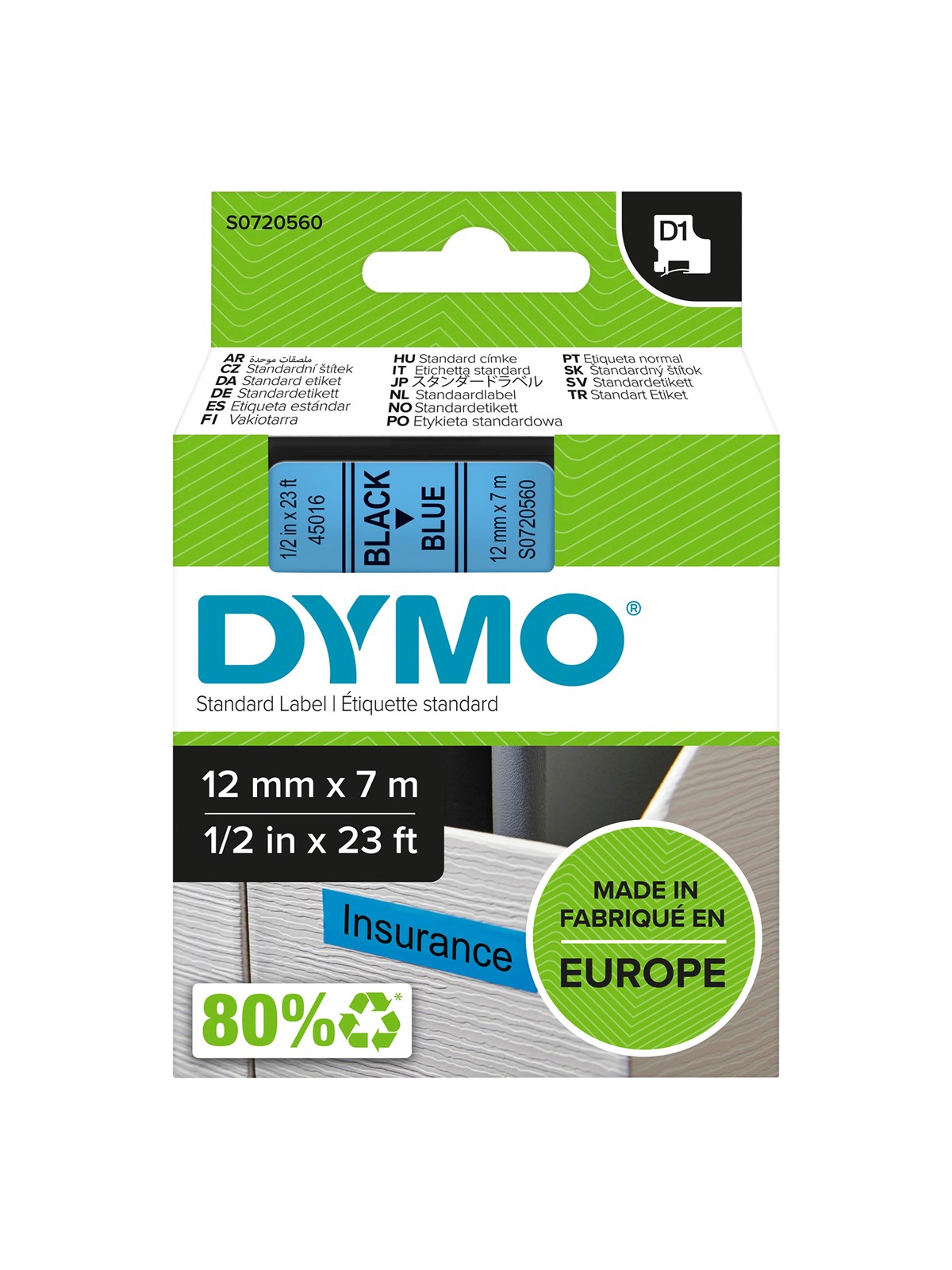 DYMO D1-Etikettenband | schwarz auf blau | 12 mm x 7 m