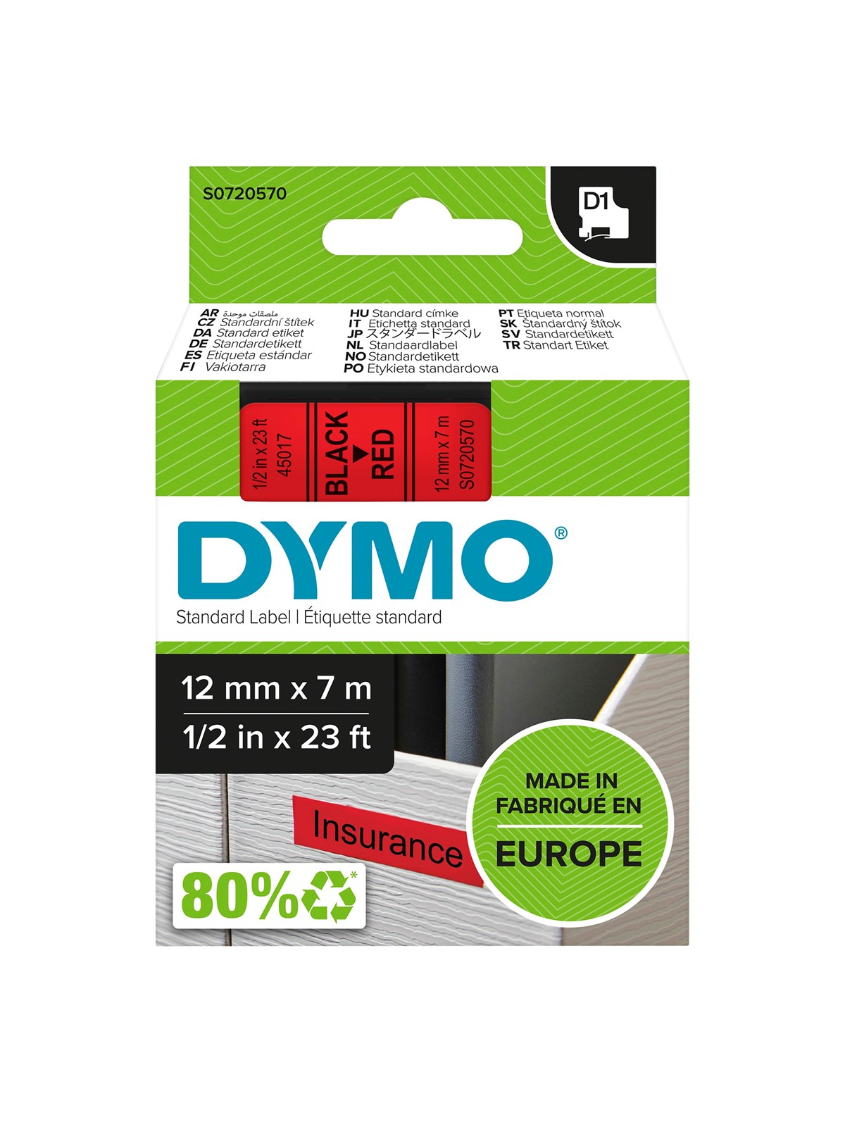 DYMO D1-Etikettenband | schwarz auf rot | 12 mm x 7 m