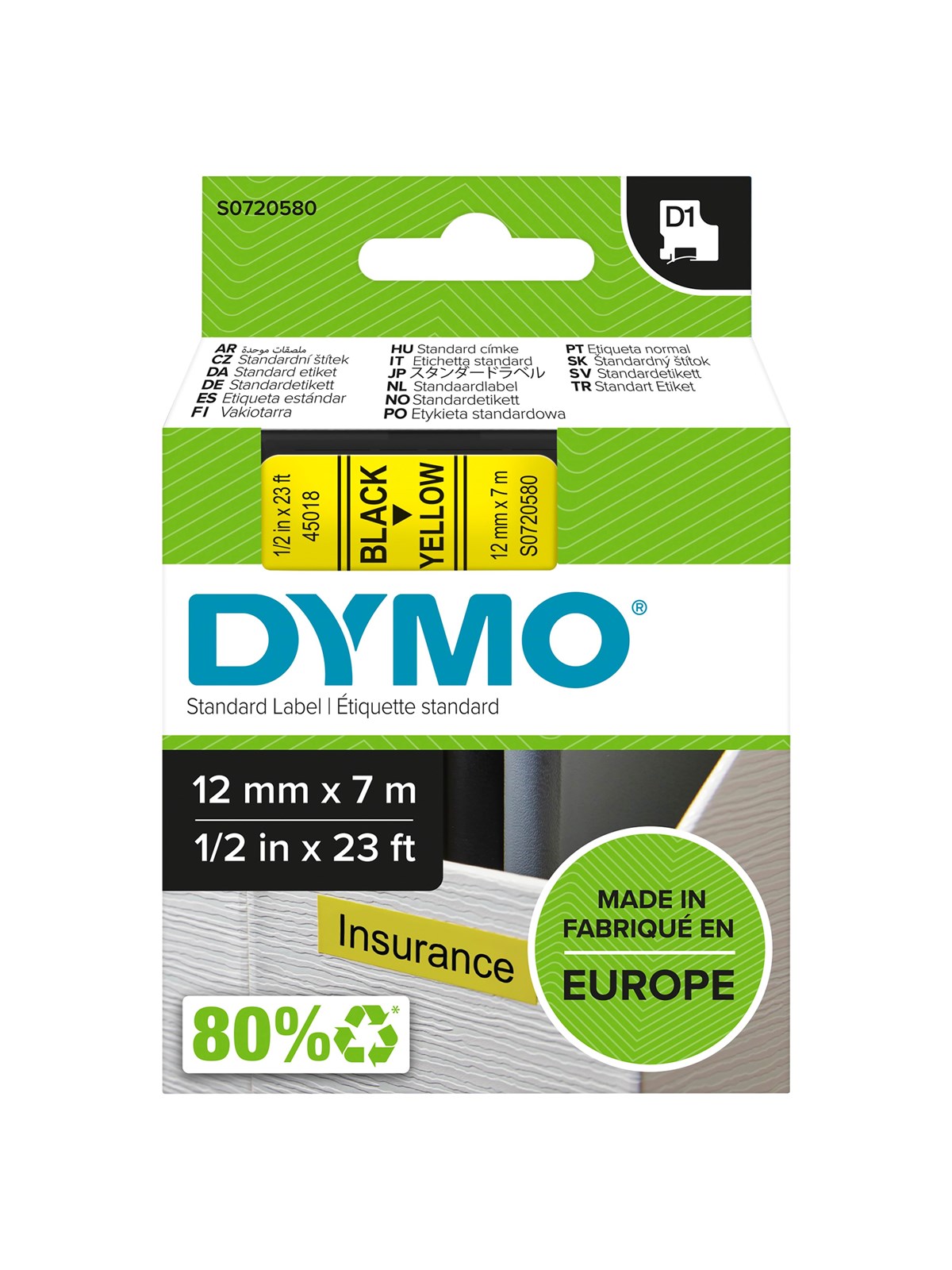 DYMO D1-Etikettenband | schwarz auf gelb | 12 mm x 7 m