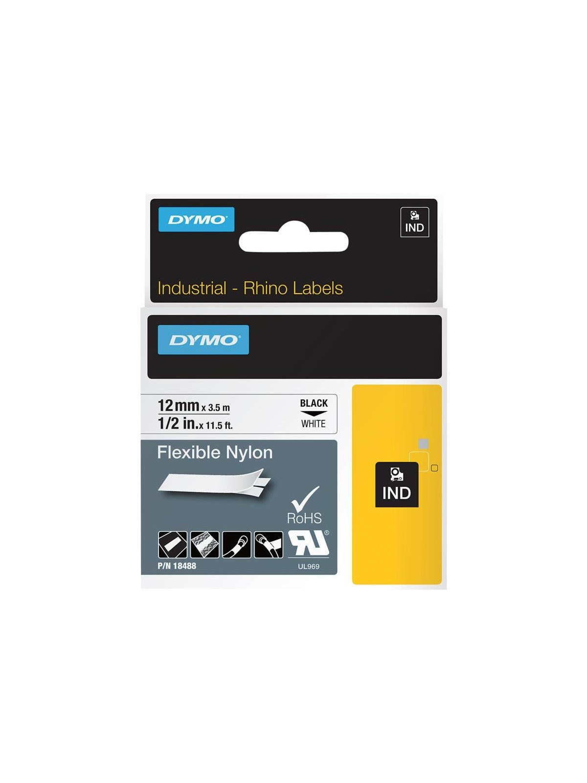 Dymo Rhino Industrie Nylonetiketten | Flexibel | 12mmx3,5m | Schwarze Schrift Auf Weißem Untergrund - Papier Fotopapier Und Etiketten - 18488