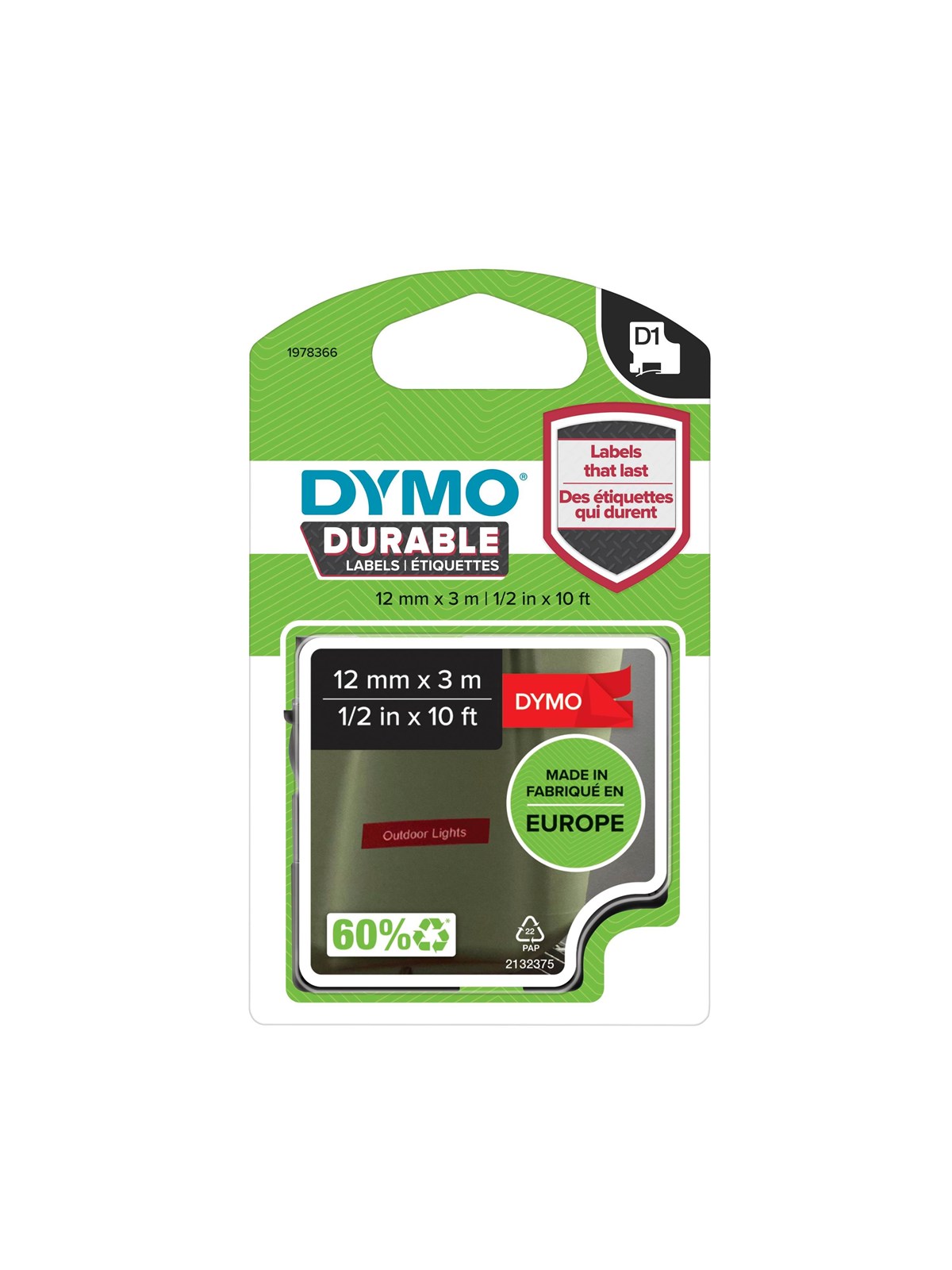 DYMO D1 Hochleistungs-Etikettenband | weiß auf rot | 12 mm x 3 m
