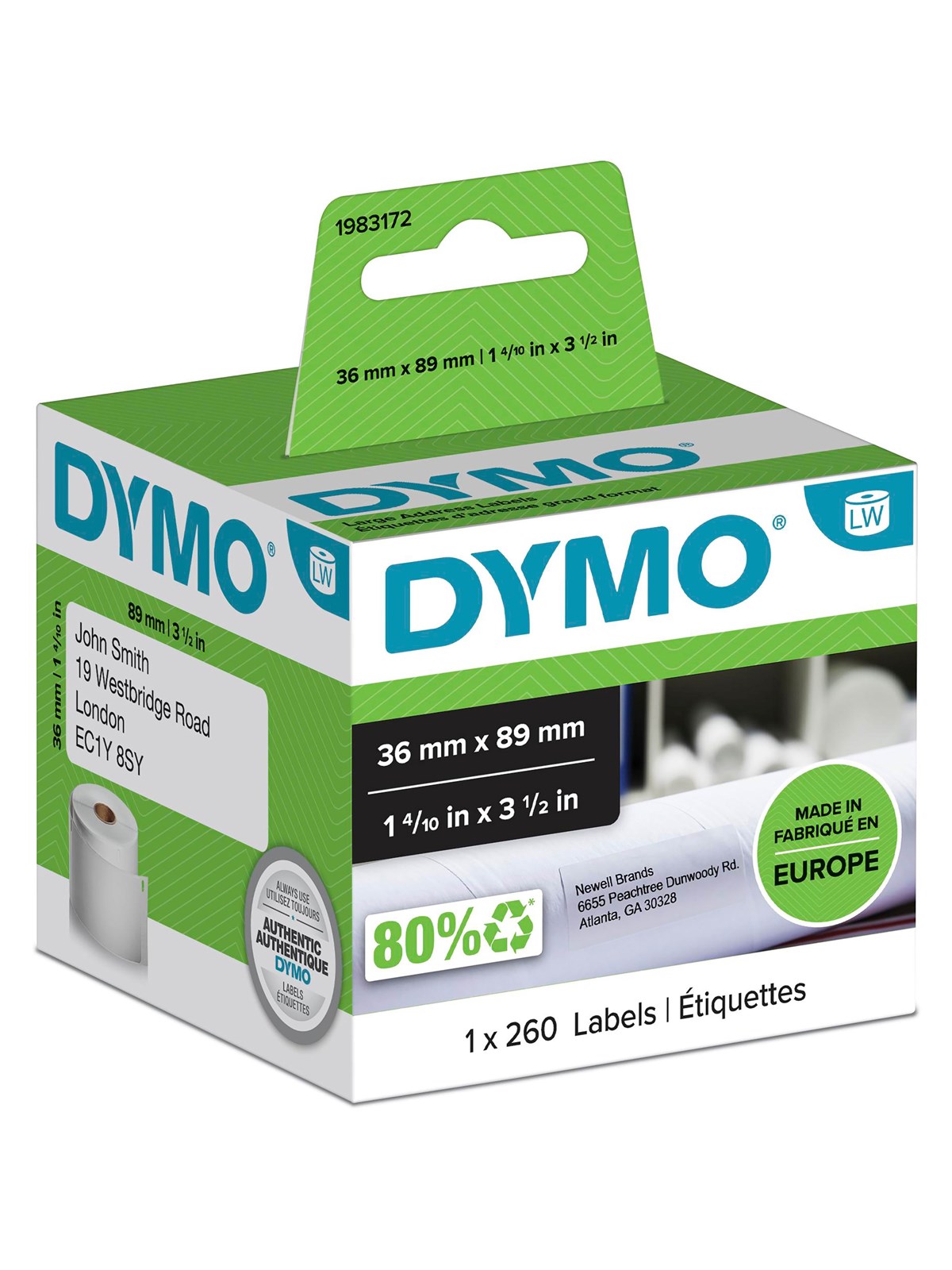 Dymo Labelwriter Adressetiketten (Groß) | 36mm x 89mm | Rolle Mit 260 Etiketten | Selbstklebend - Papier Fotopapier Und Etiketten - 1983172