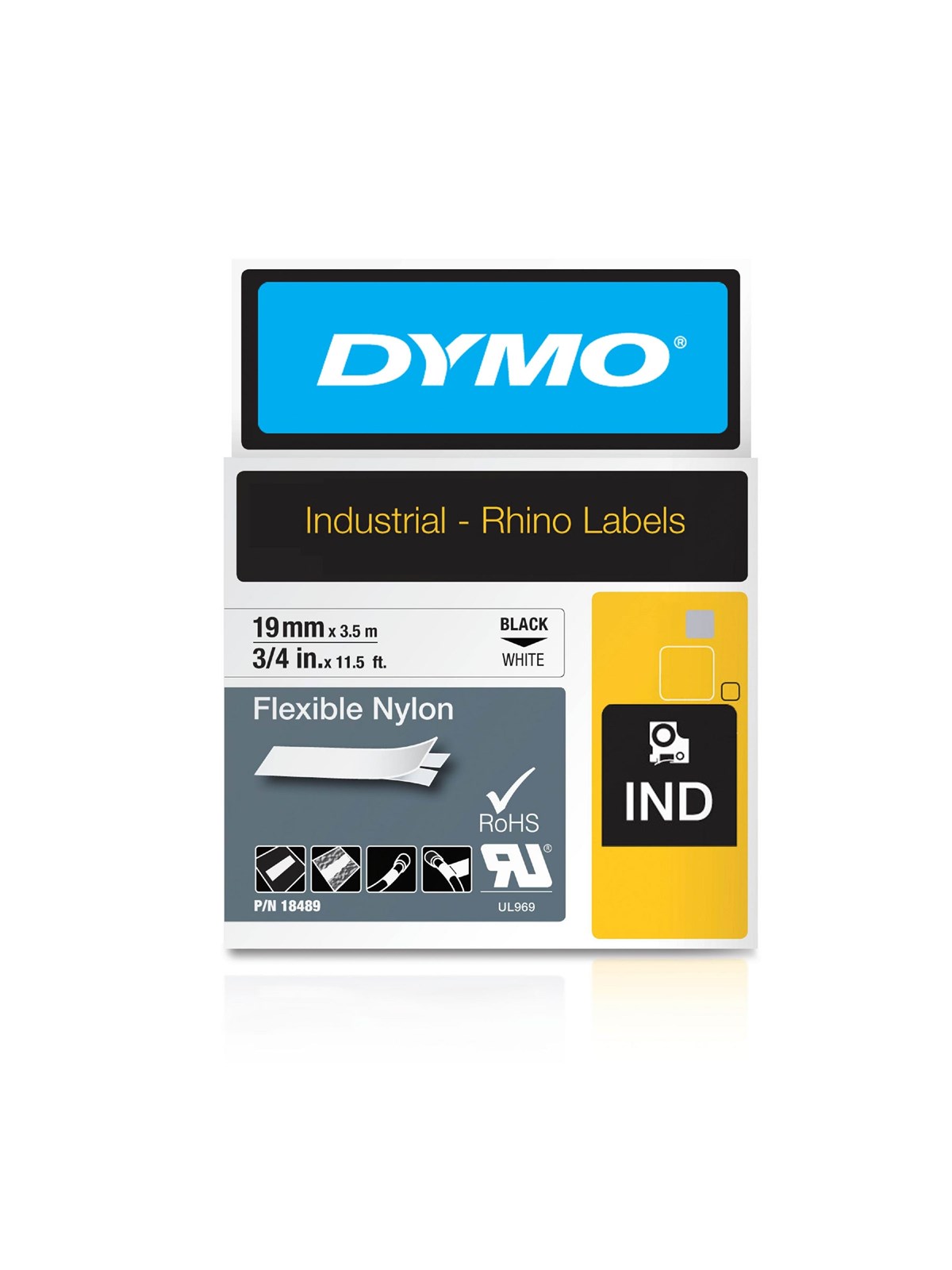 Dymo Rhino Industrie Nylonetiketten | Flexibel | 19mmx3,5m | Schwarze Schrift Auf Weißem Untergrund - Papier Fotopapier Und Etiketten - 18489