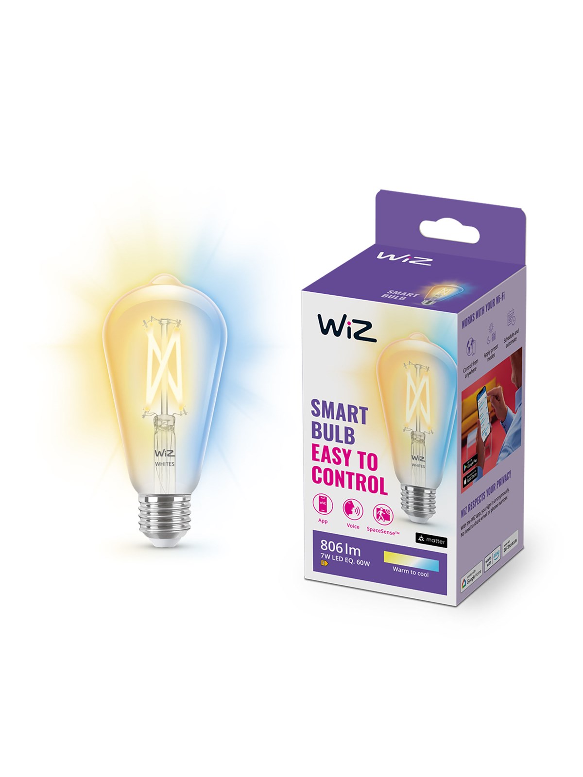 Wiz Tunable St64 E27 Smart Filament Bulb - Dimmable Warm-to-cold White Led - Smart Home - 929003018601