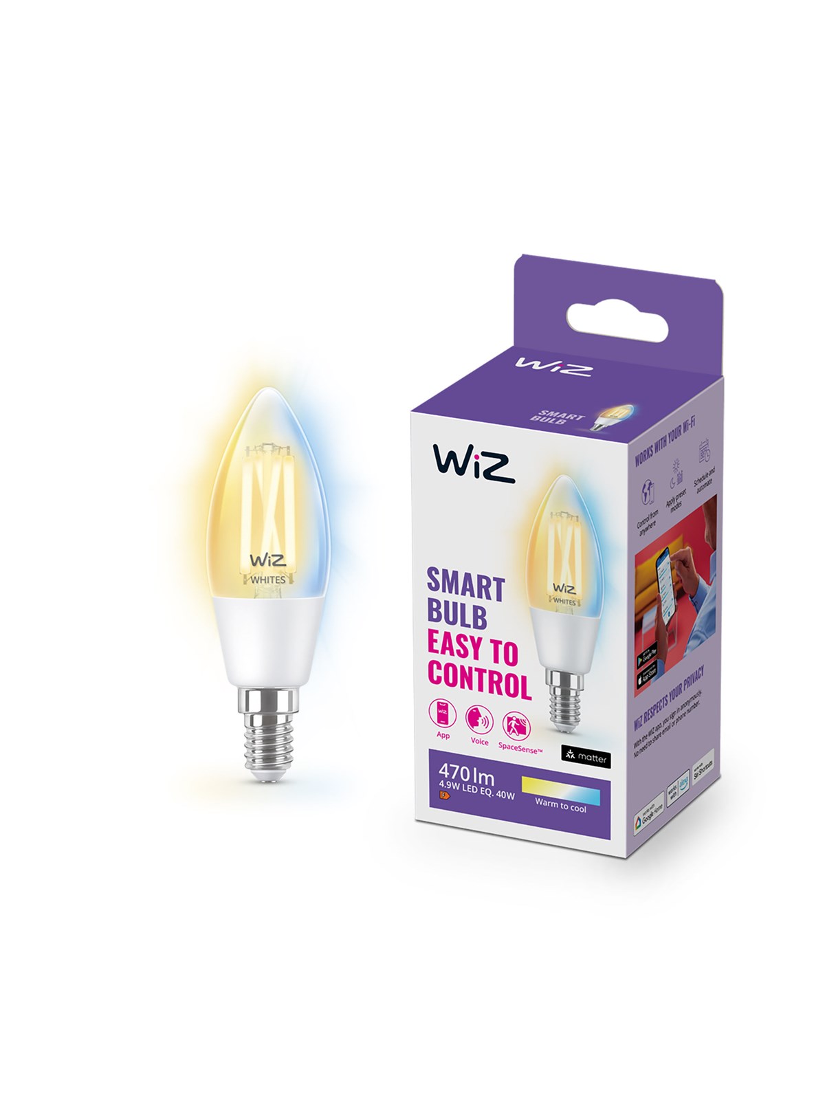 Wiz Tunable C35 E14 Smart Filament Candle Bulb - Dimmable Warm-to-cold White Led - Smart Home - 929003017601