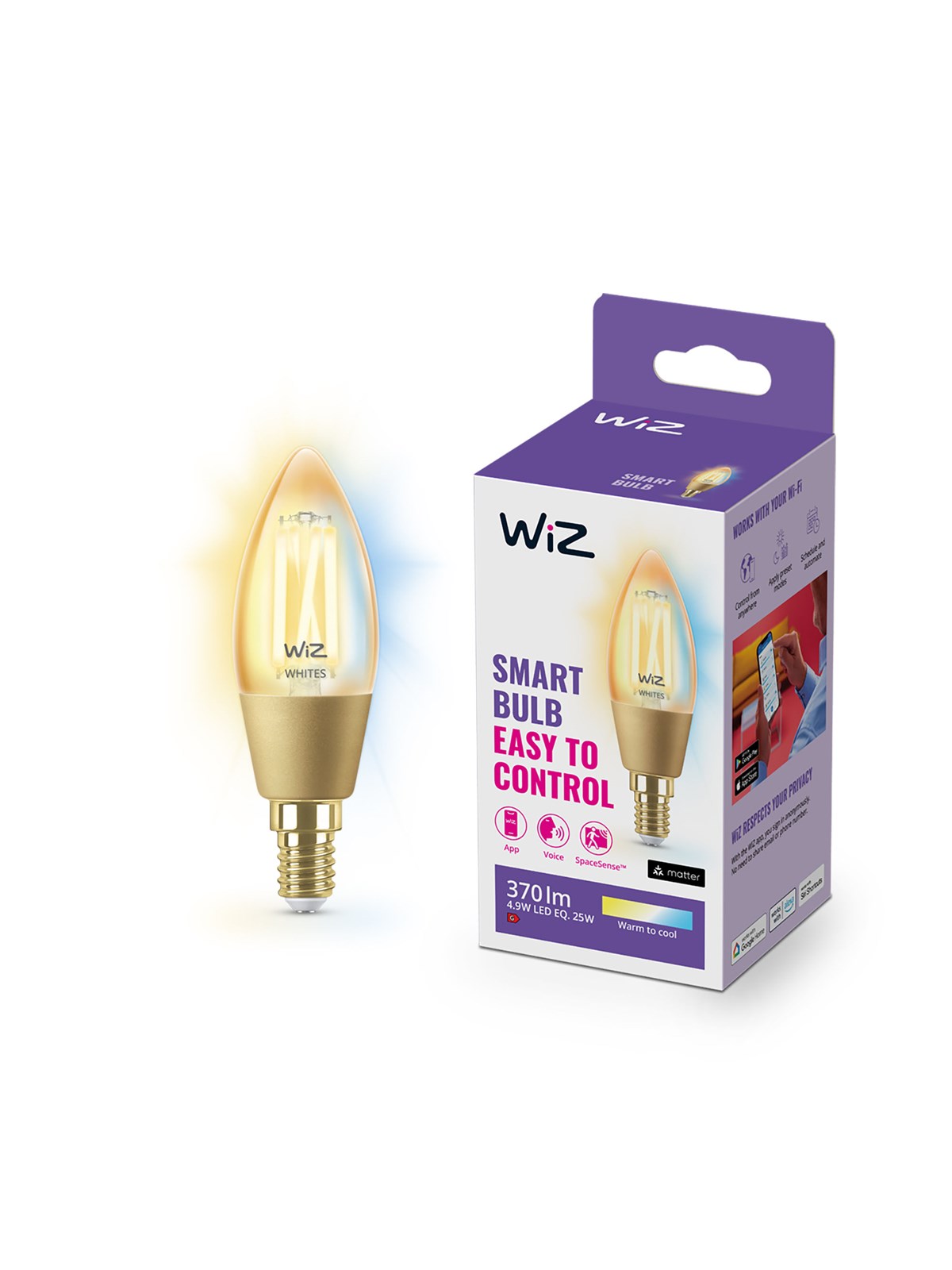 Wiz Tunable C35 E14 Amber Smart Filament Candle Bulb - Dimmable Warm-to-cold White Led - Smart Home - 929003017722