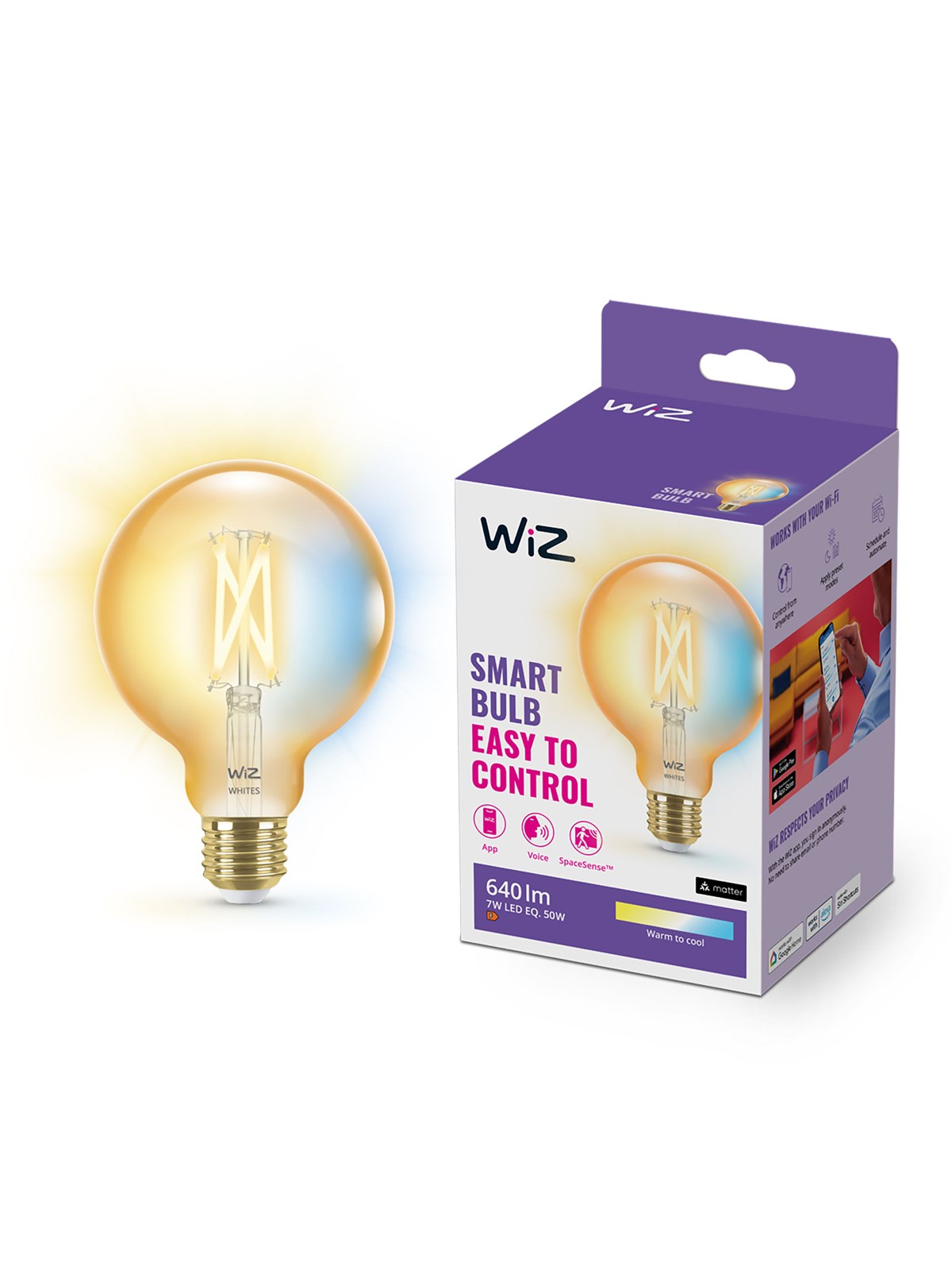 Wiz Tunable G95 E27 Amber Smart Filament Bulb - Dimmable Warm-to-cold White Led - Smart Home - 929003018322