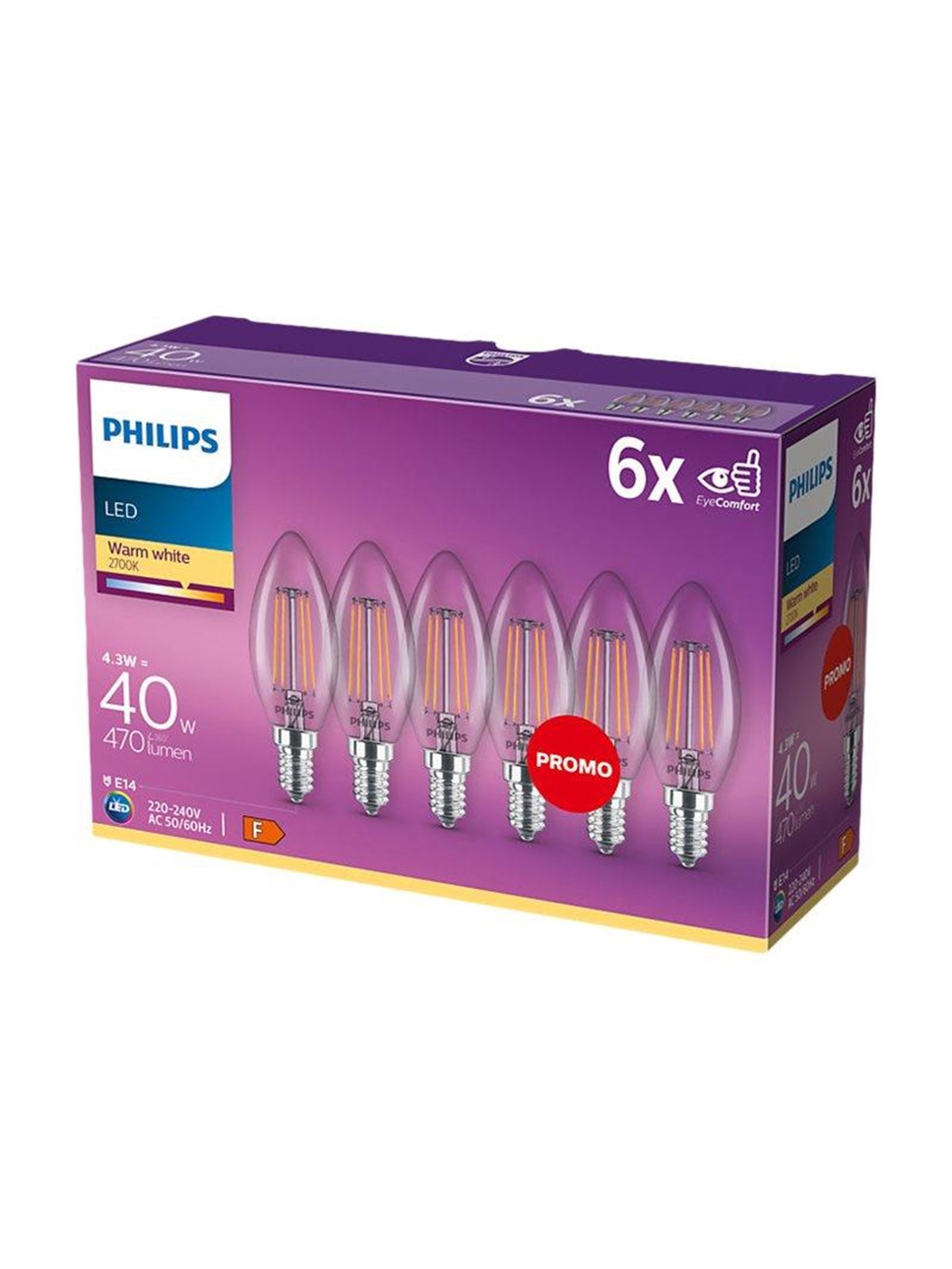 Philips Led-lampe Classic Candle 4,3w/827 (40w) Clear 6-pack E14 - Led Birnen - 929001889785