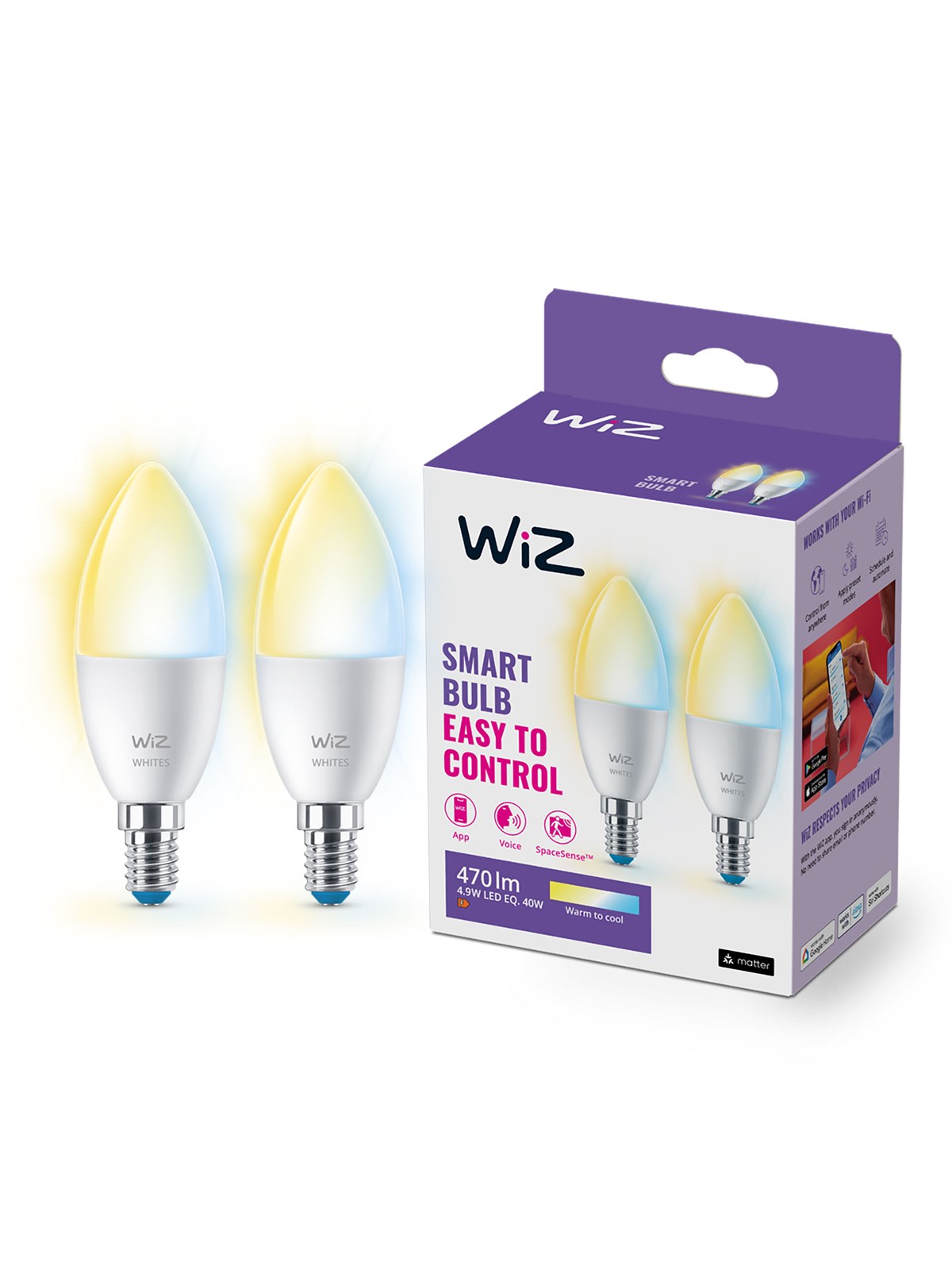 Wiz Tunable C37 E14 Smart Candle Bulb 2-pack - Dimmable Warm-to-cold White Led - Smart Home - 929002448742
