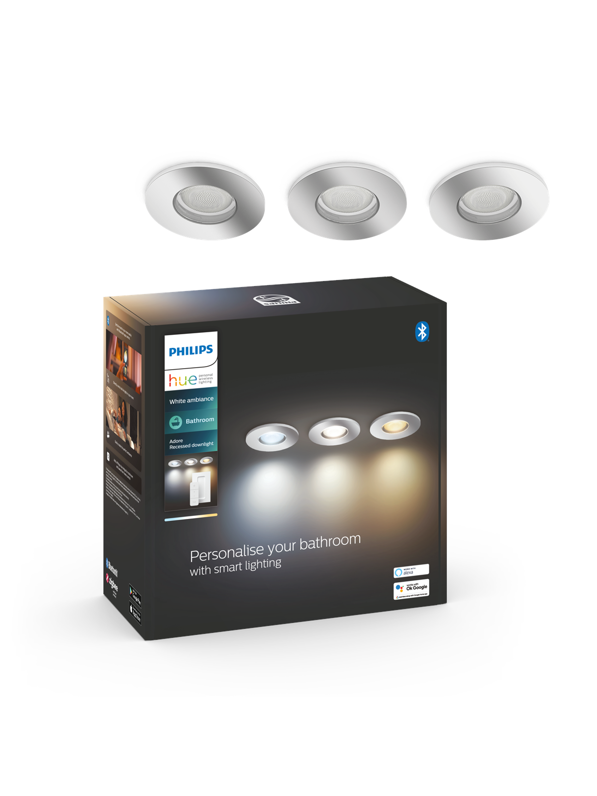Philips Hue Adore Bathroom Recessed Downlight - Chrome - 3-pack - Smart Home - 929003807901