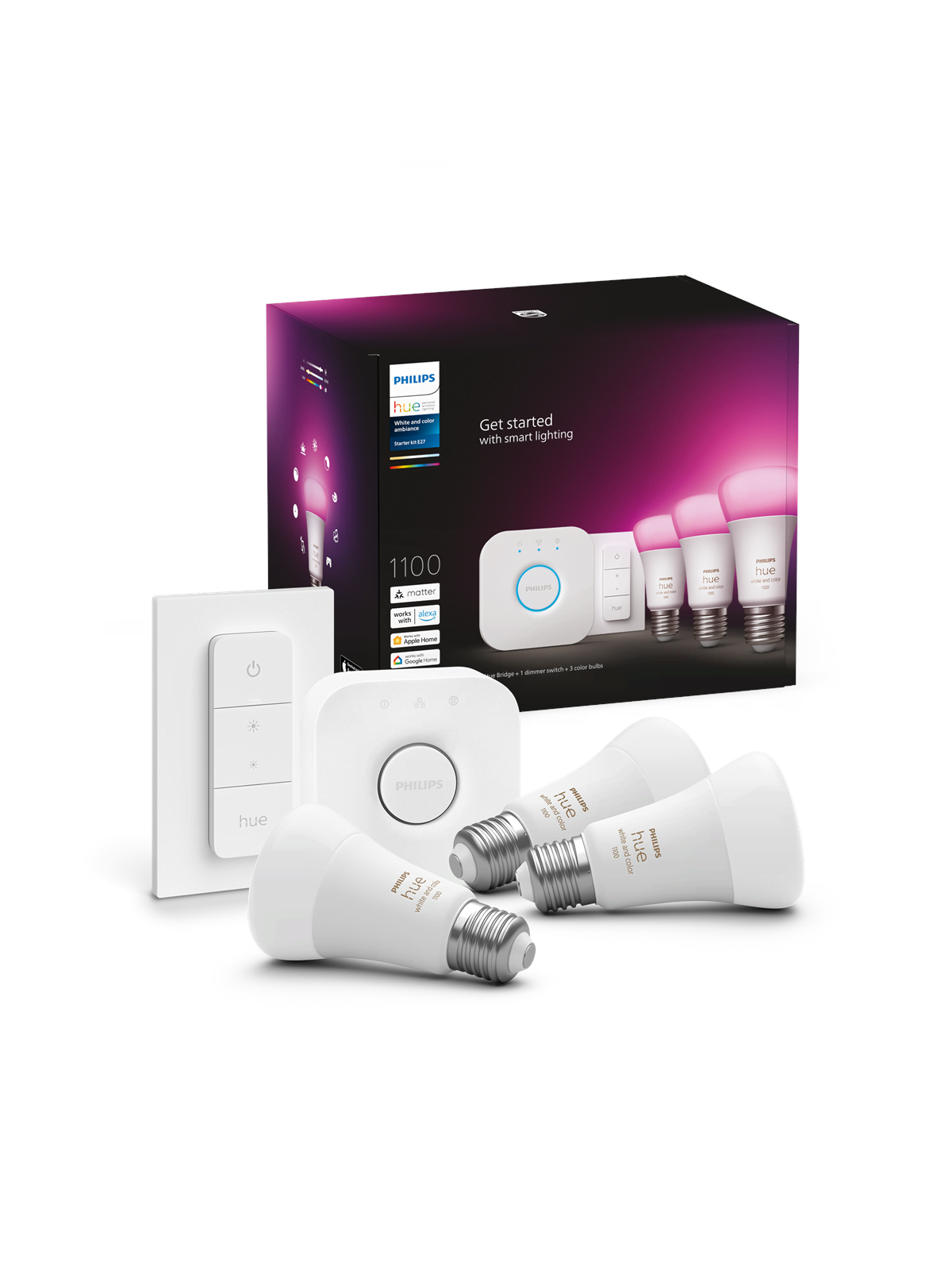 Philips Hue White & Color Ambiance Starter Kit — 3x E27 A60 Bulbs + Dimmer Switch + Hue Bridge - Smart Home - 929002468804