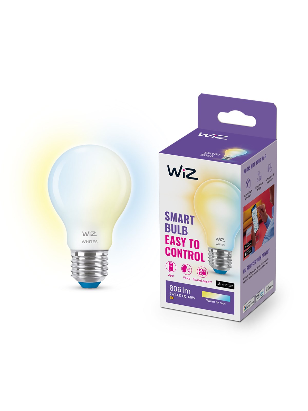 Wiz Tunable Frosted Glass A60 E27 Smart Led Bulb - Dimmable Warm-to-cold White - Smart Home - 929003008922