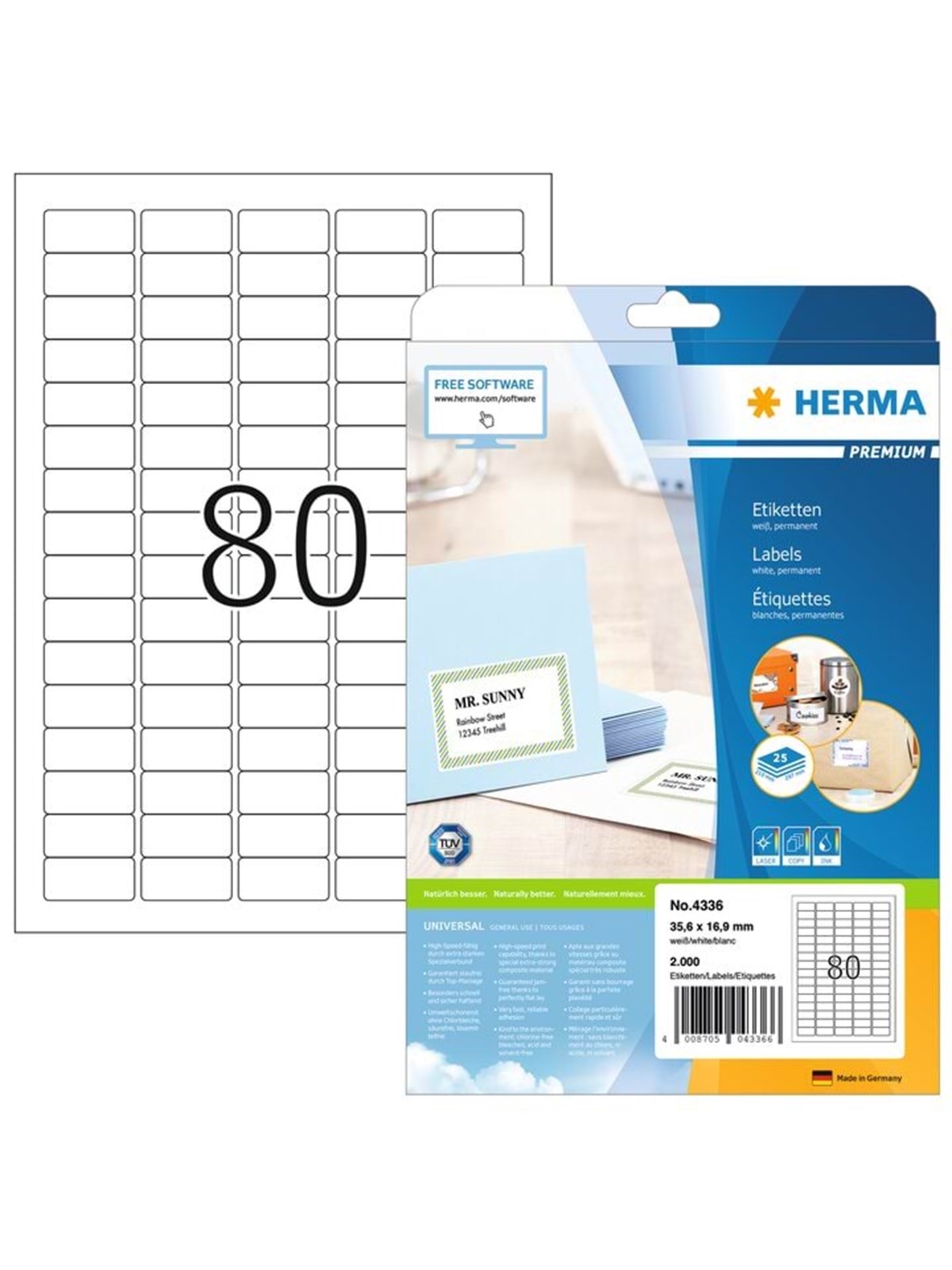 Herma Premium Etiketten A4, 35,6 x 16,9 mm, Weiß, Permanent Haftend - Papier Fotopapier Und Etiketten - 4336