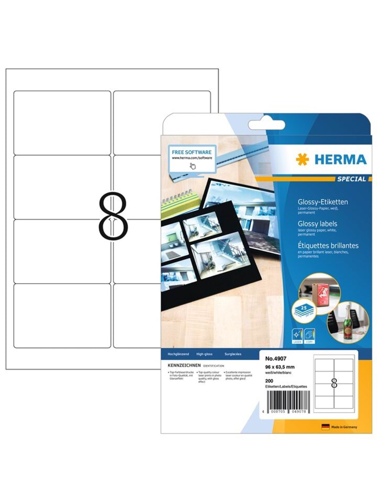Herma Hochglanz-etiketten A4, 96 x 63,5 mm, Weiß, Permanent Haftend, Laserdrucker - Papier Fotopapier Und Etiketten - 4907