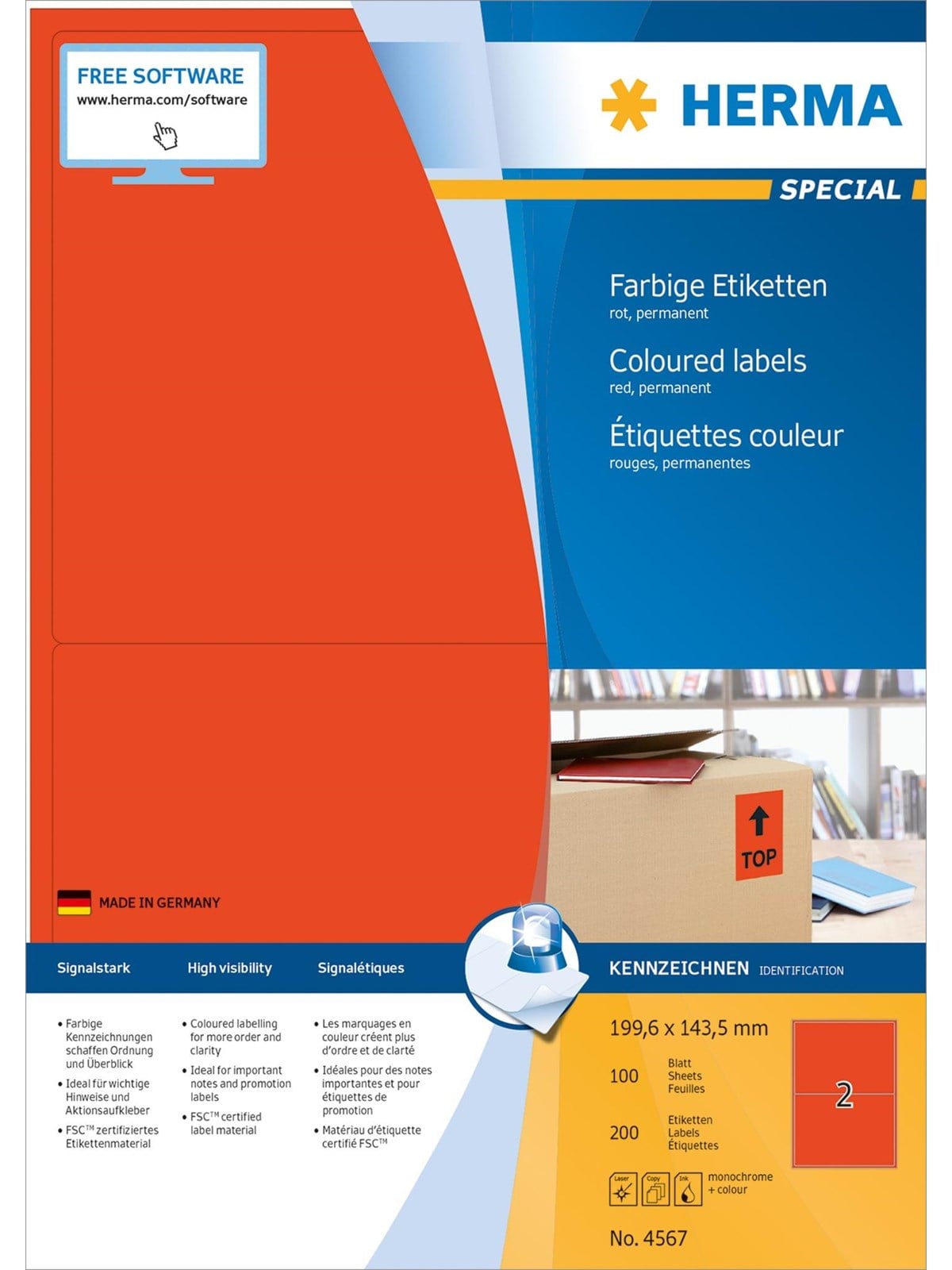 Herma Coloured Labels A4 199.6 x 143.5 mm Red Permanent Adhesion - Papier Fotopapier Und Etiketten - 4567