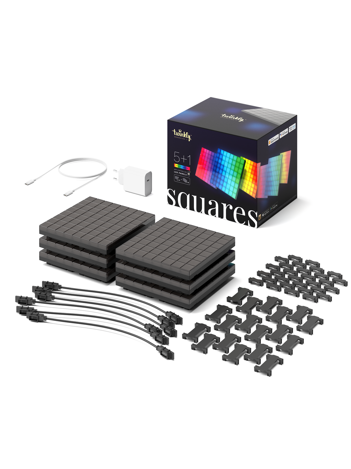Twinkly Squares Starter Kit - 5+1 App-controlled Led Panels With 64 Rgb Pixels. Black. - Smart Home - Twq064stw-07-beu