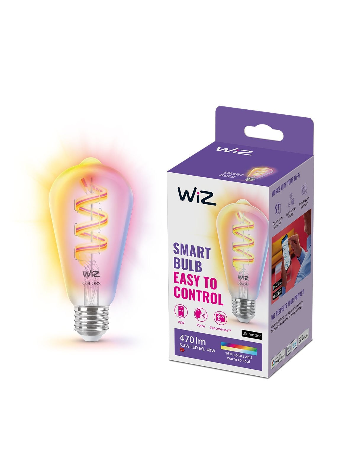 Wiz St64 E27 Clear Smart Filament Bulb - Rgb/16 Million Colors + Dimmable White Led - Smart Home - 929003267301