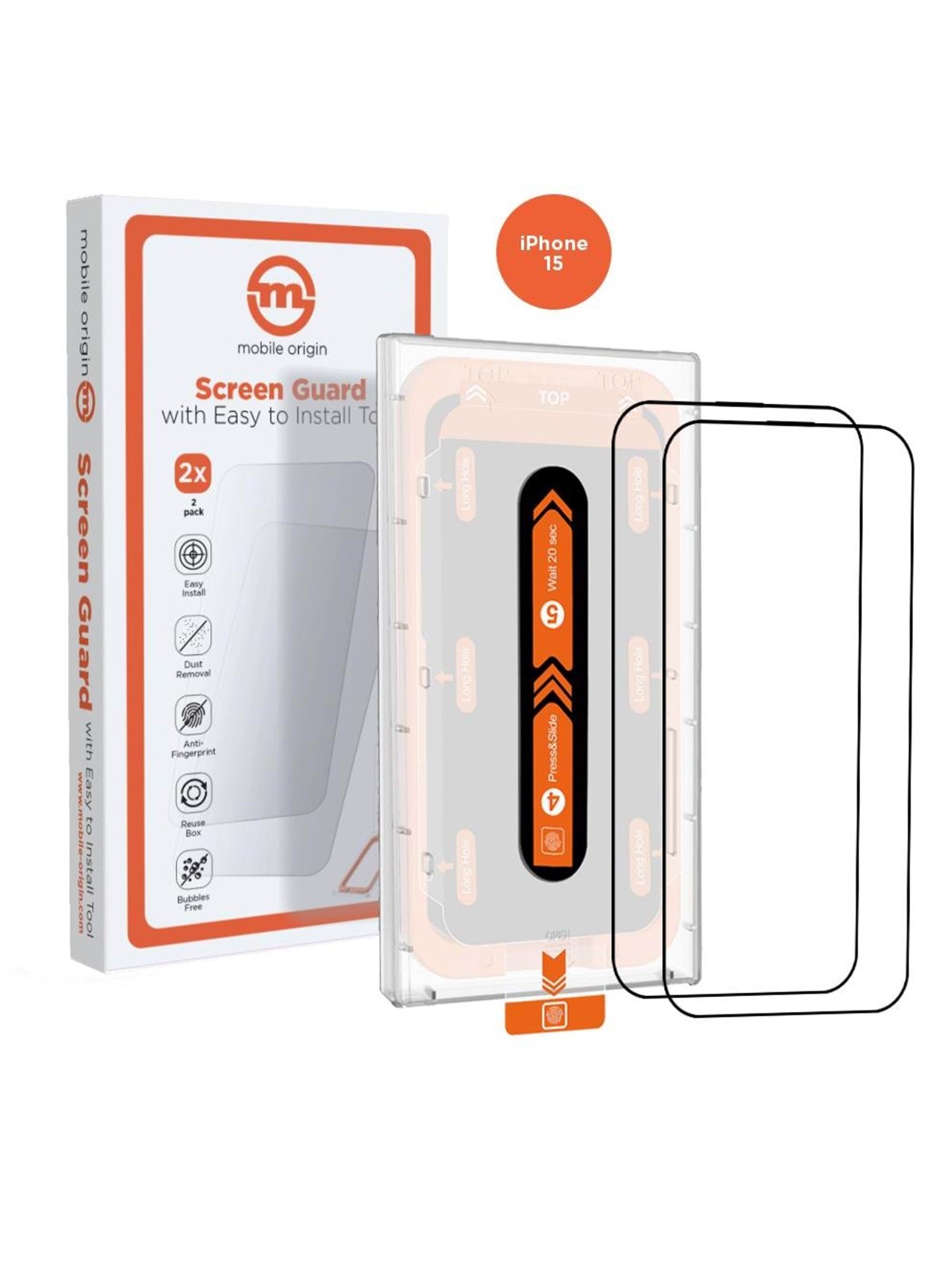 Mobile Origin Orange Screen Guard Iphone 15 With Easy Applicator - 2 Pack - Handys Schutzfolie - Sga-f-i15-2pk