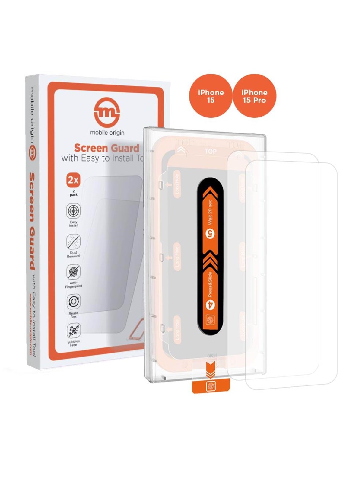 Mobile Origin Orange Screen Guard Iphone 15 Pro/15 With Easy Applicator - 2 Pack - Handys Schutzfolie - Sga-i15pro-2pk