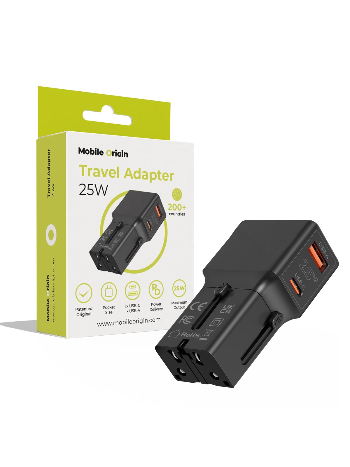 Mobile Origin Travel Adapter 25w - Eu/us/uk/au - Black - Handys Adapter Und Ladegeraete - Tad25-2p-blk