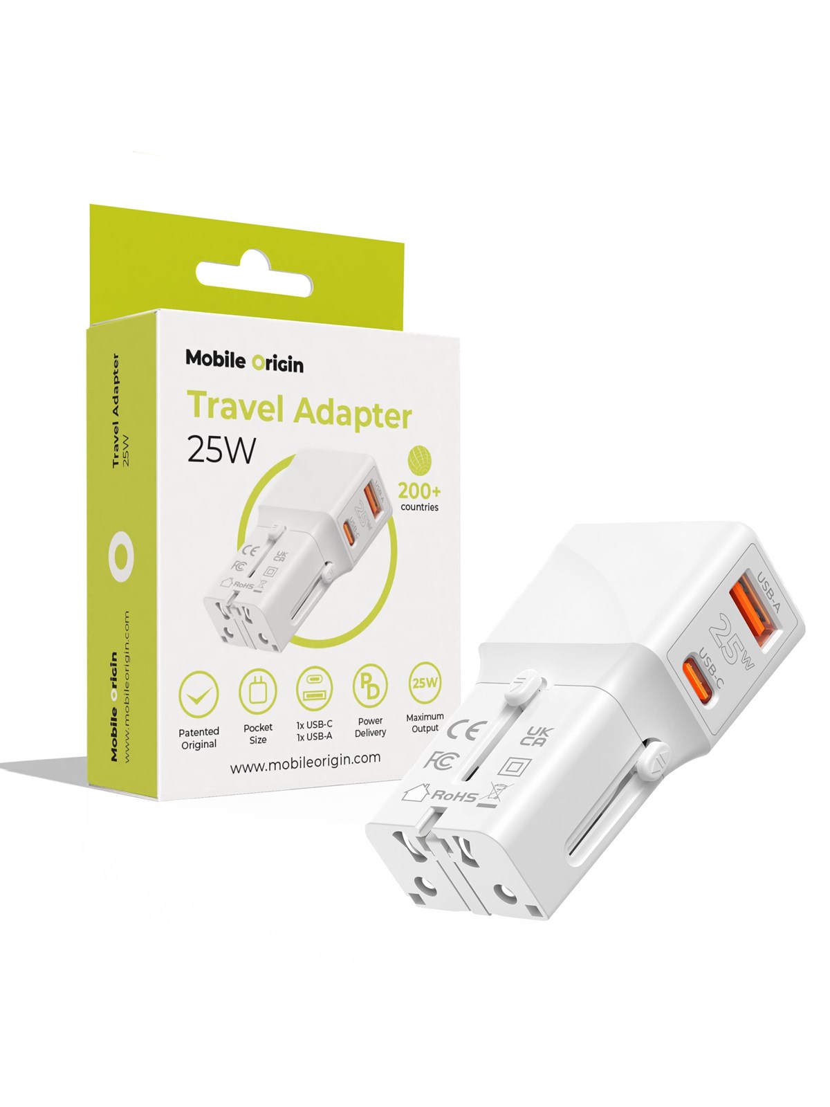 Mobile Origin Travel Adapter 25w - Eu/us/uk/au - White - Handys Adapter Und Ladegeraete - Tad25-2p-wht