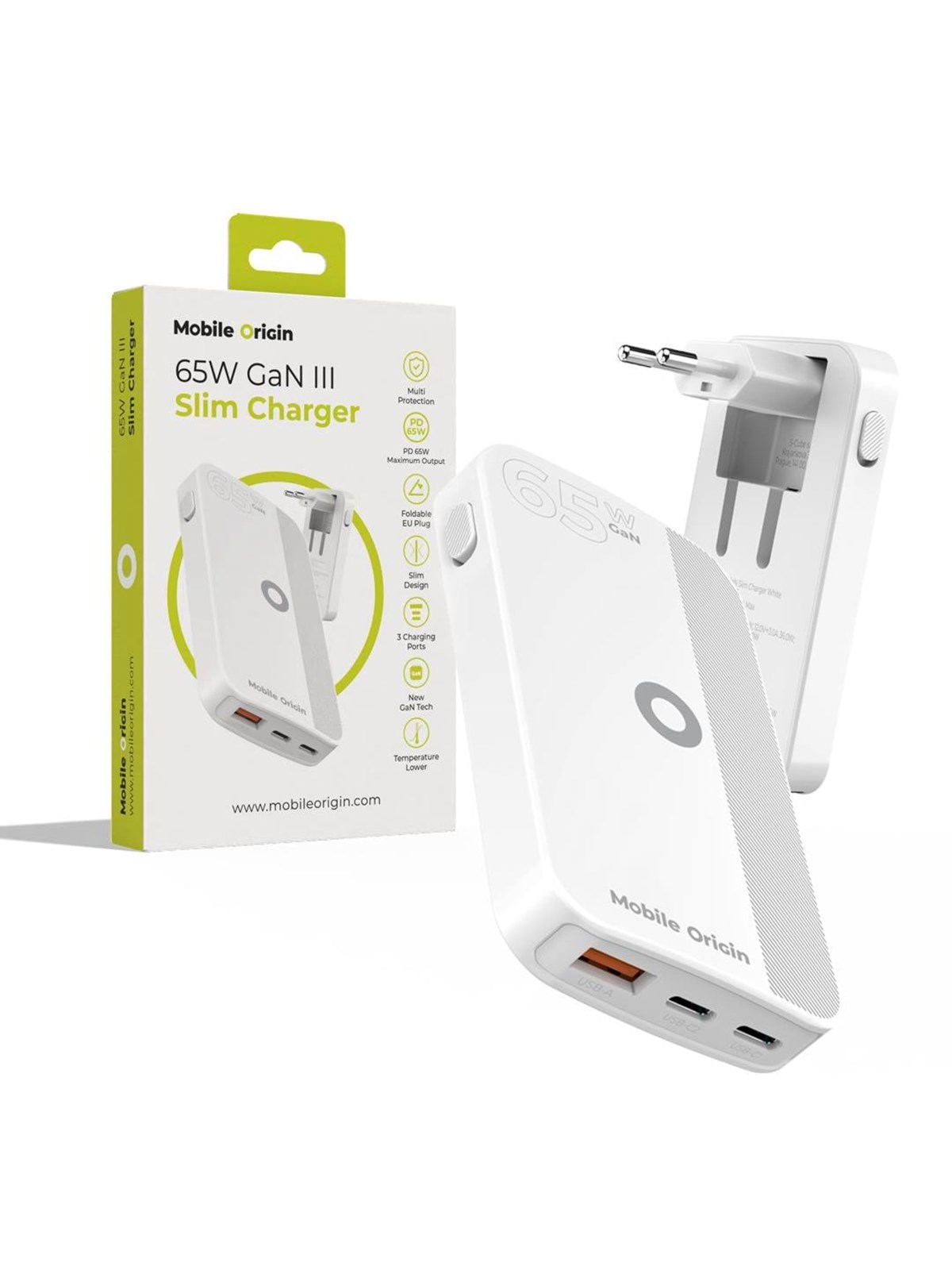 Mobile Origin 65w Gan Iii Slim Charger Dual Usb-c - Single Usb-a White - Handys Adapter Und Ladegeraete - Gan-65w-slm-wht