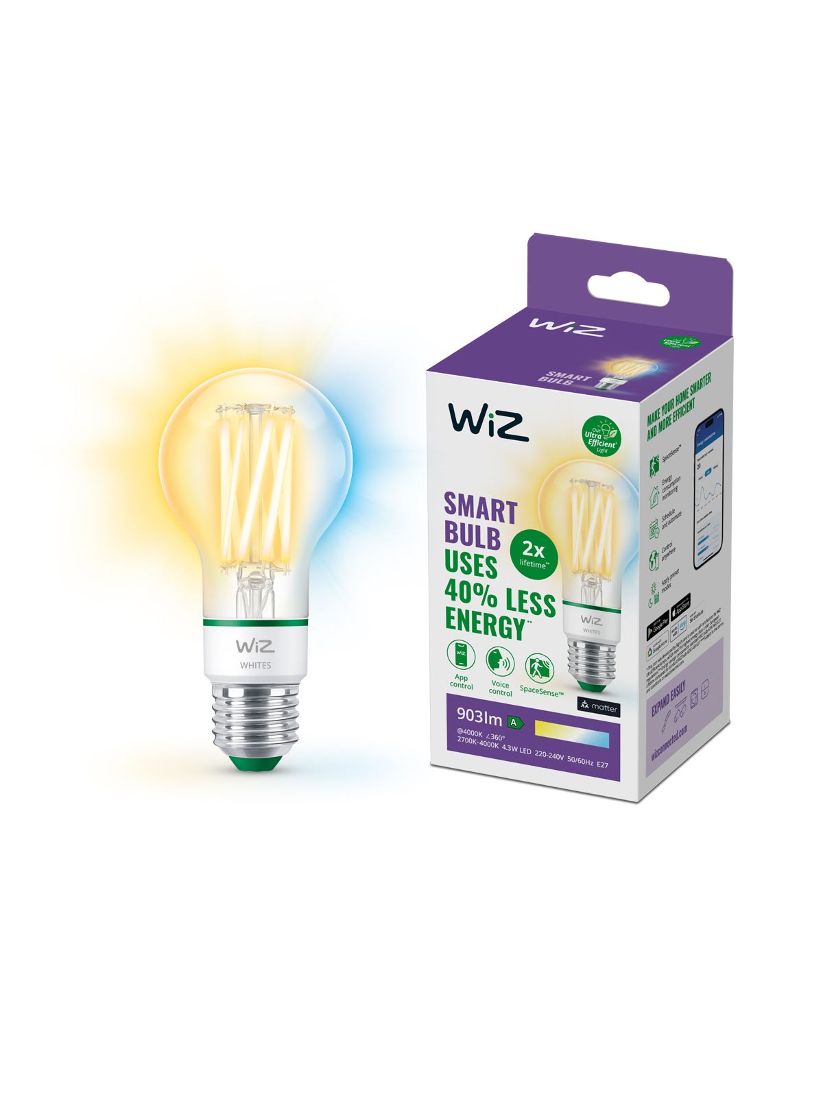 Wiz Tunable Ultraefficient A60 E27 Smart Filament Bulb - Dimmable Warm White Led - Smart Home - 929003714001