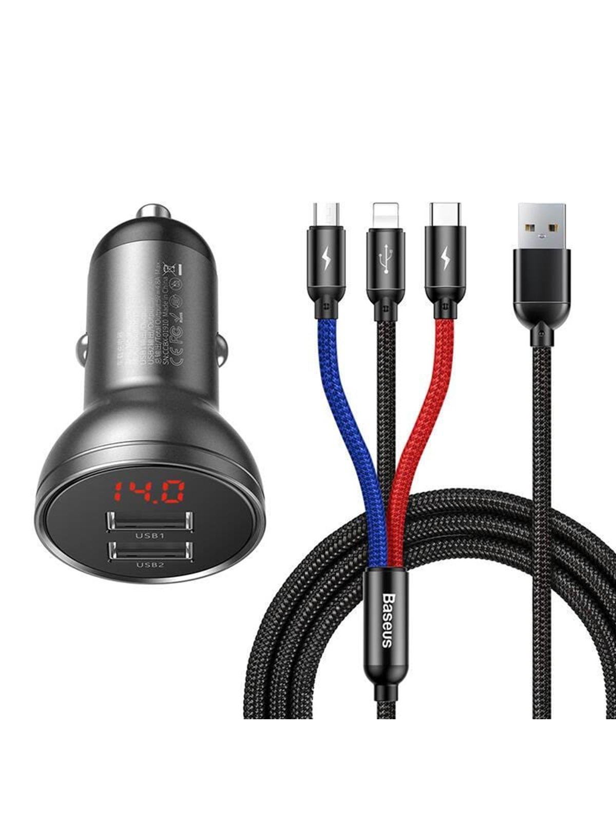 Baseus Car Charger With 24w Display + 3in1 Three Primary Colors Usb Cable 1.2m - Handys Adapter Und Ladegeraete - Tzccbx-0g