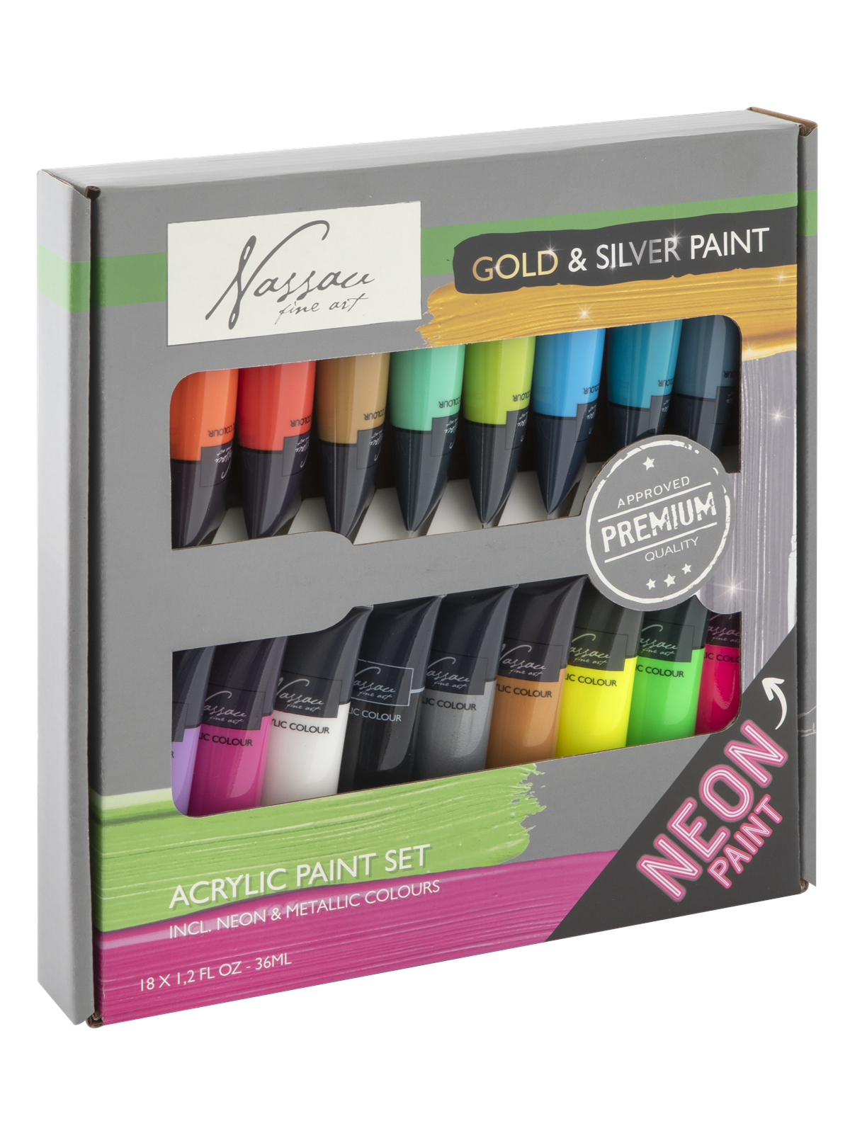 Nassau Paint Acrylic 18 x 36 ml Incl. Fluor & Metallic - Kunst Handwerk Ausstattung - Ar0701/22ge