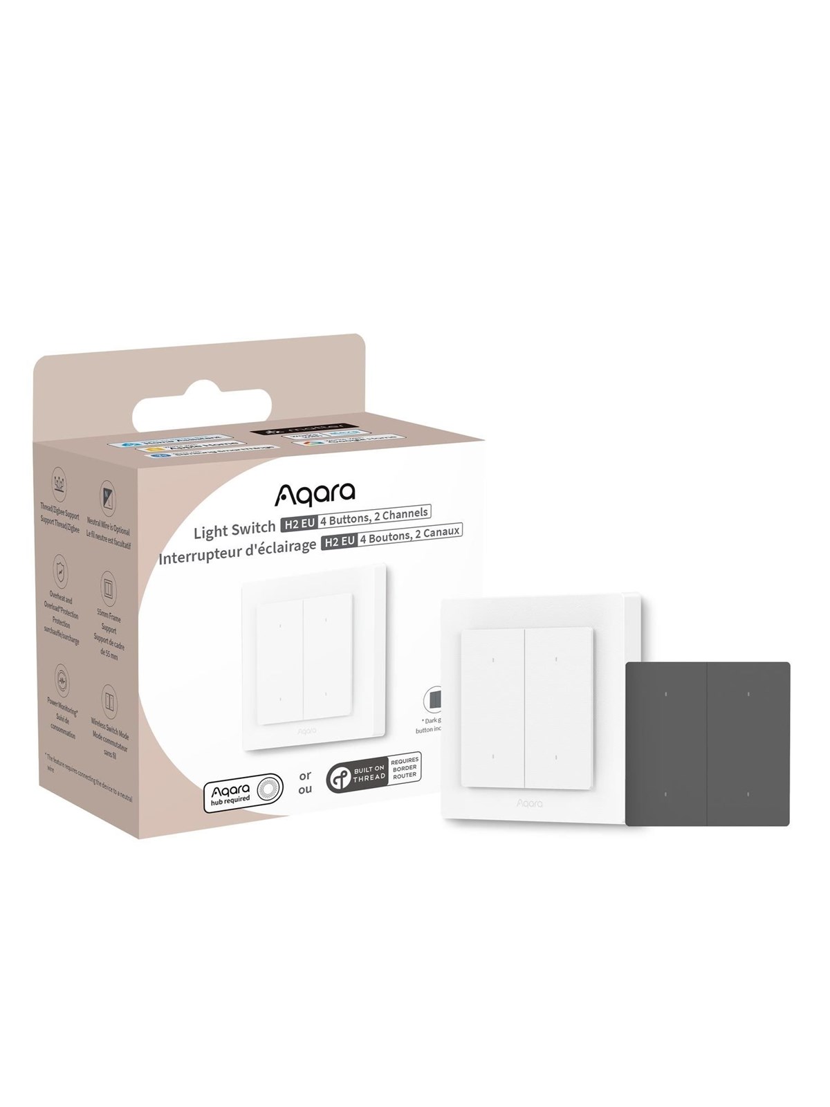 Aqara Light Switch H2 EU (4 Buttons 2 Channels) - White Frame With Dark Grey Buttons - Smart Home - Ws-k08d