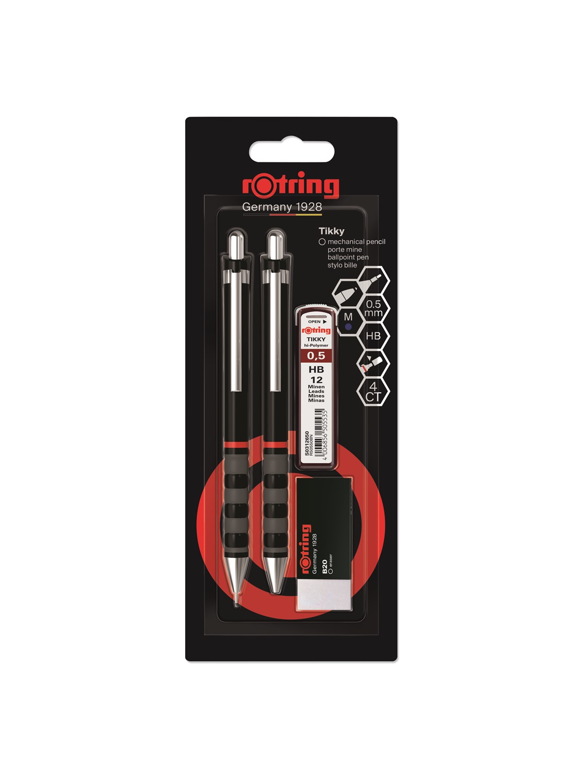 Rotring Tikky Mechanical Pencil Ballpoint Eraser & Lead Refills Set | HB Lead 0.5 mm Pencil | Medium Point Pen | Black Barrel - Utensilien Zum 