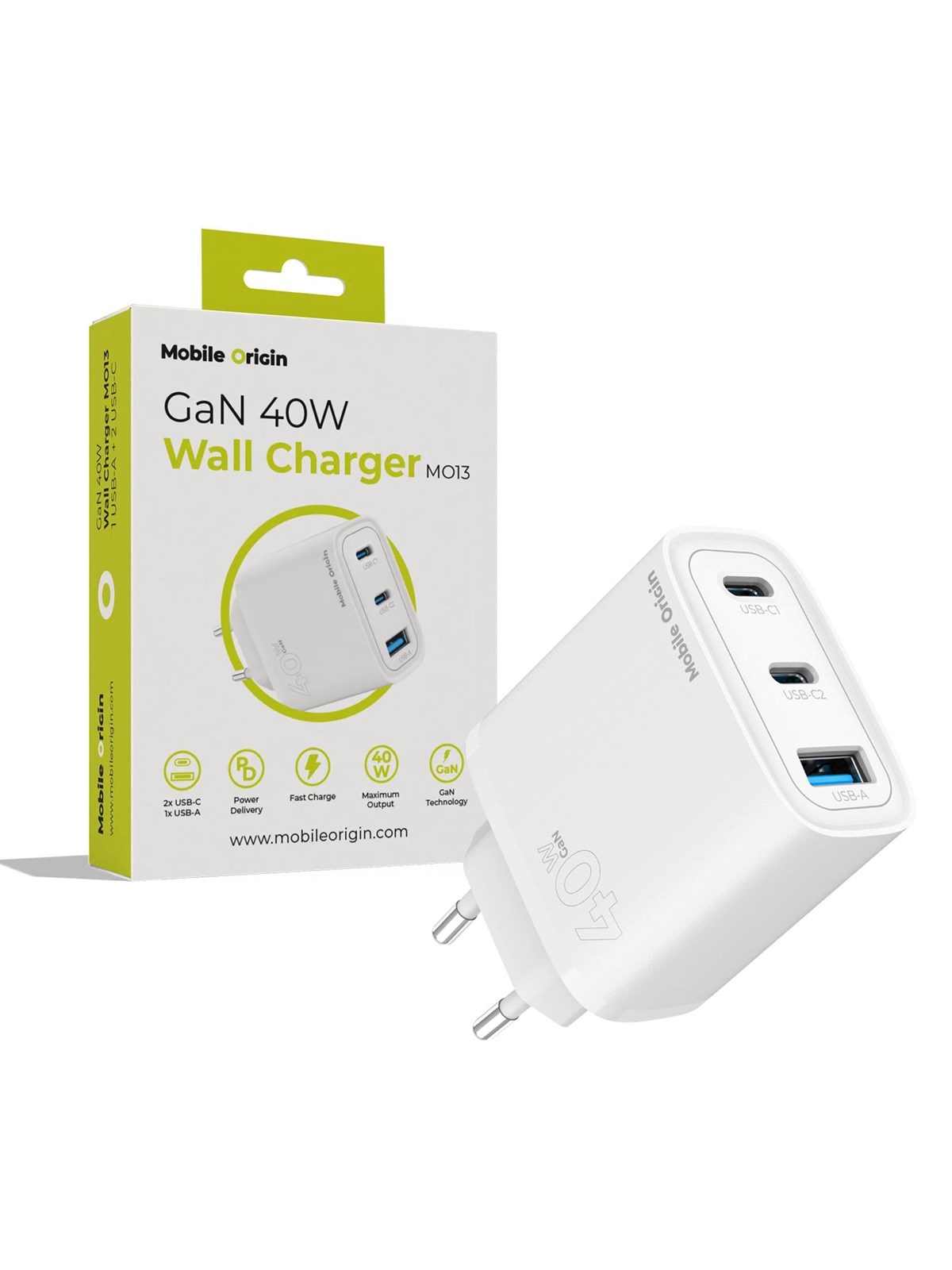 Mobile Origin Gan 40w Wall Charger Mo13 - White 1 Usb-a + 2 Usb-c - Handys Adapter Und Ladegeraete - Frl-gan40w-mo13