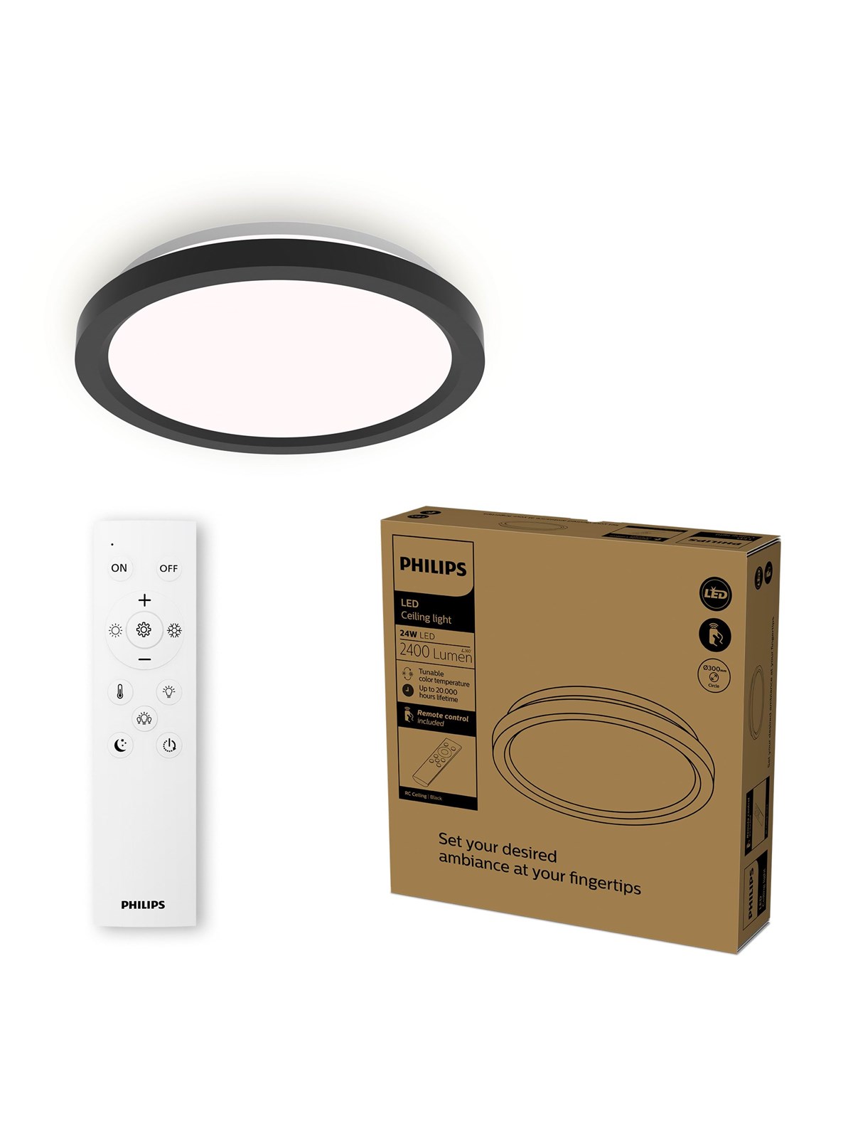 Philips Aio Ceiling Light With Remote (Round Black) - 24w Integrated Led Lamp With 3 Step Dimming - Lampen - 929004738801