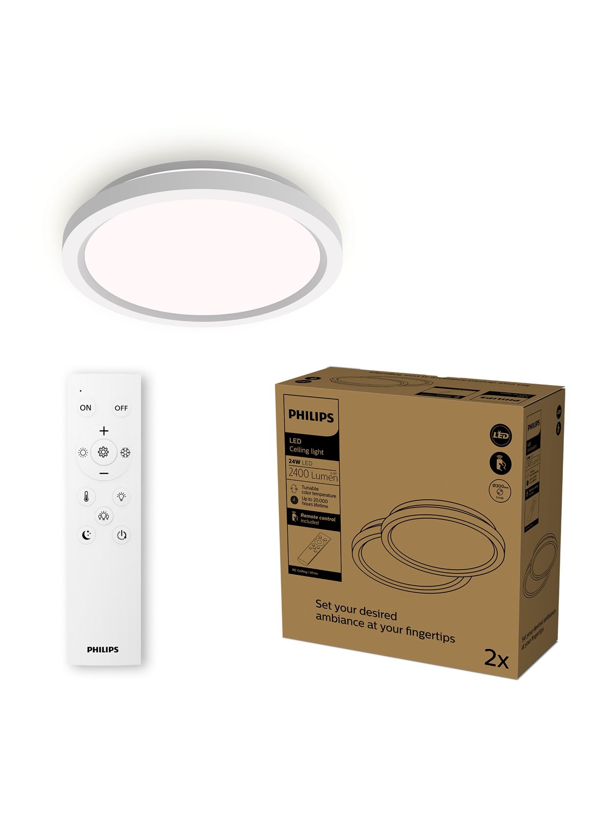 Philips Aio Ceiling Light With Remote (Round White) - 24w Integrated Led Lamp With 3 Step Dimming 2-pack - Lampen - 929004689002