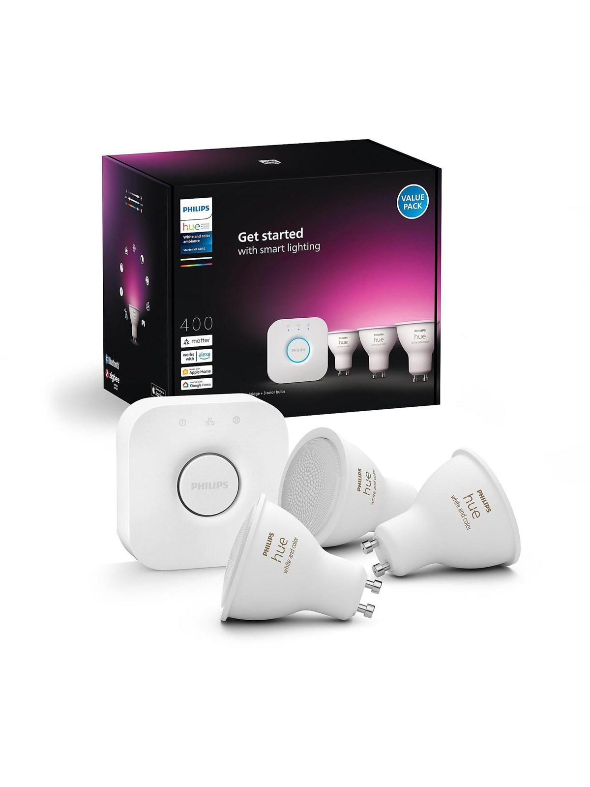 Philips Hue Gu10 3-pack + Bridge Starter Kit - White & Color Ambience - Smart Home - 929003666512