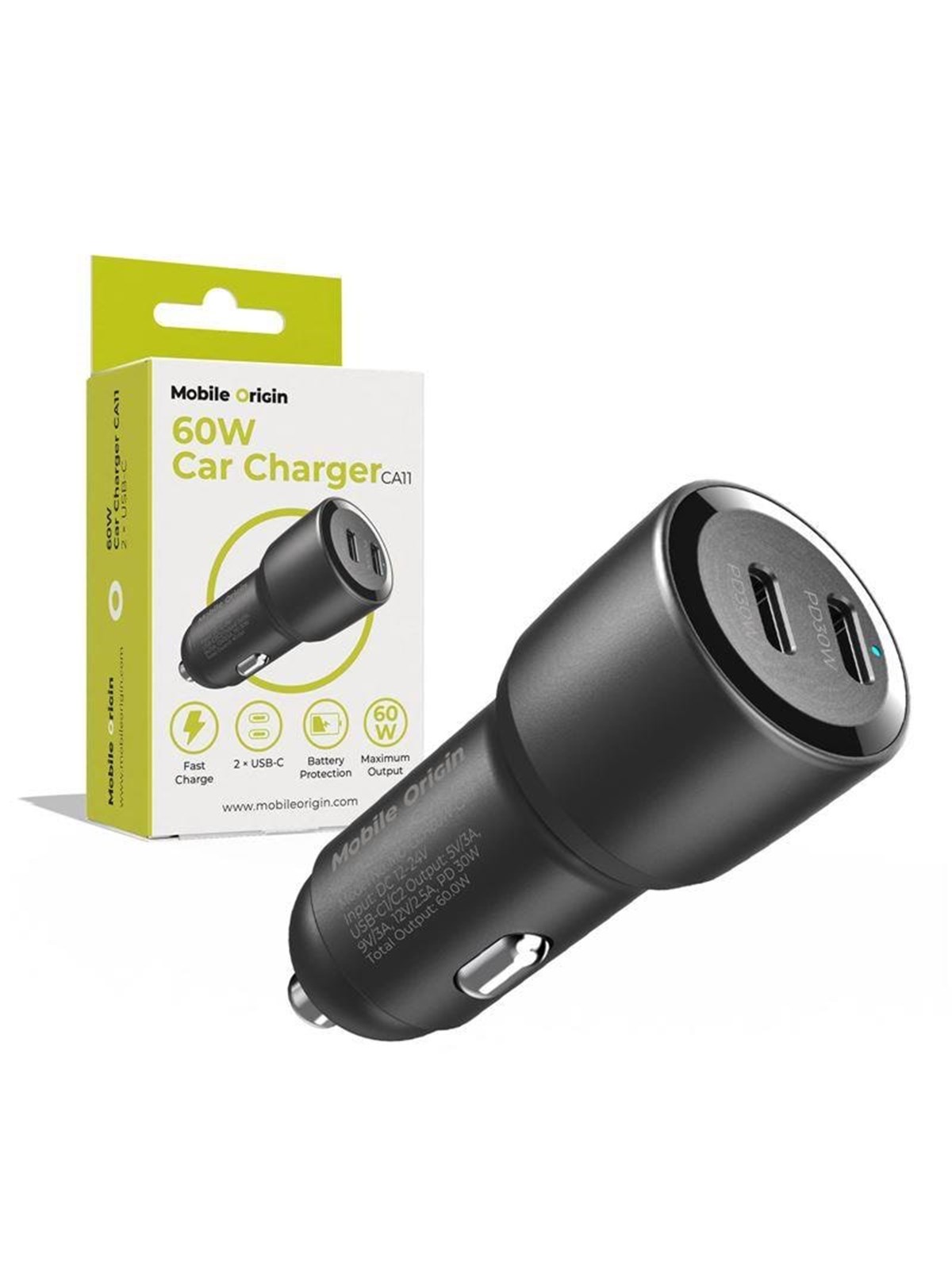 Mobile Origin Car Charger 60w 2 Usb-c - Ca11 - Handys Adapter Und Ladegeraete - Mo-cch60w-ca11