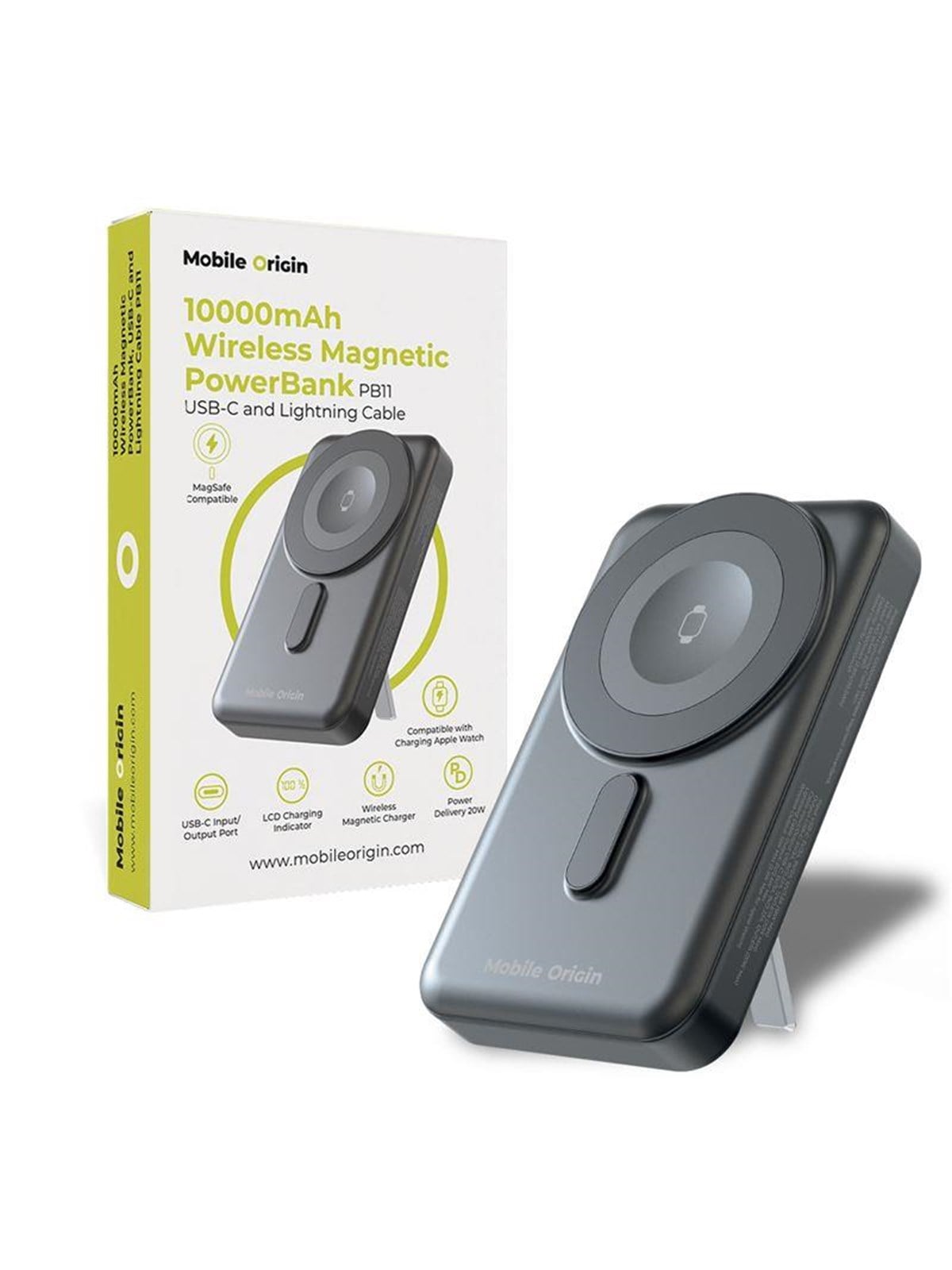 Mobile Origin Wireless Magnetic Powerbank 10000mah - Usb-c And Lightning Cable Pb11 Powerbank (Akku) - Grau - 10000 Mah - Powerbank Akku - Mo-wmp-pb11