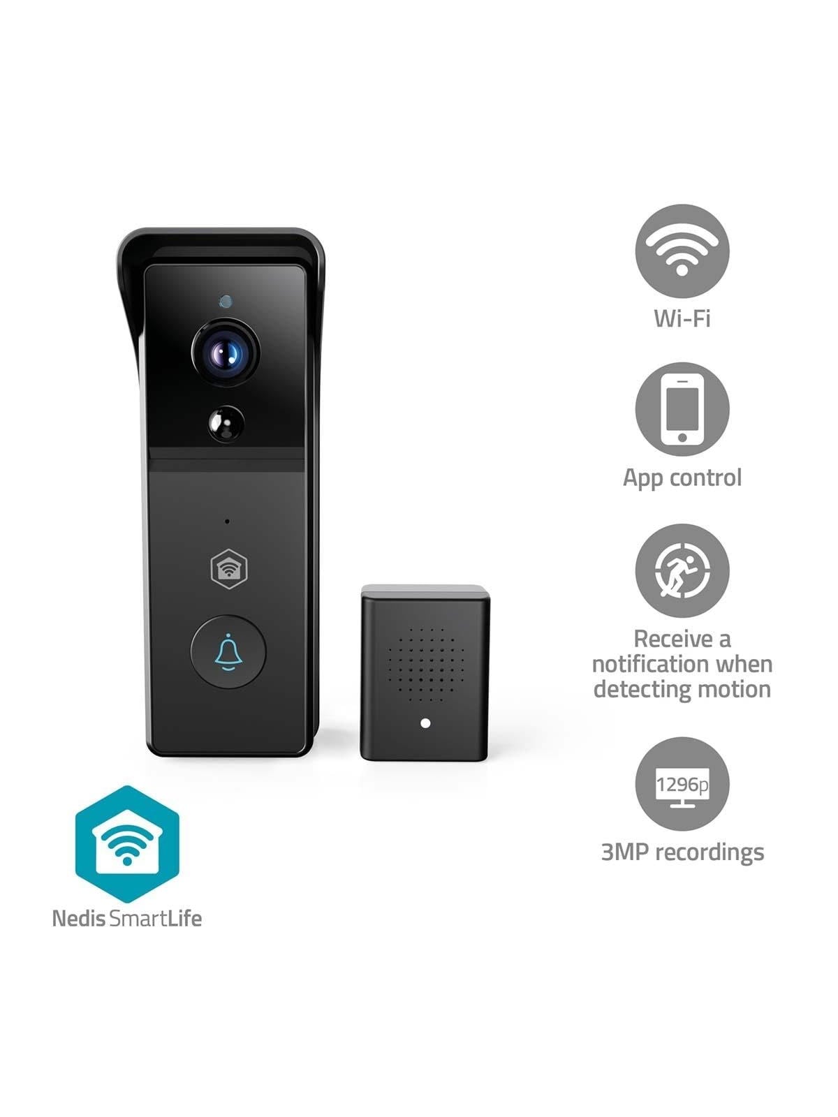 Nedis Smartlife Video Doorphone Wi-fi Battery 3mp Full HD 1296p Cloud Storage (Option) / Microsd (Not Included) Ip44 With Motion Sensor Night Vision 