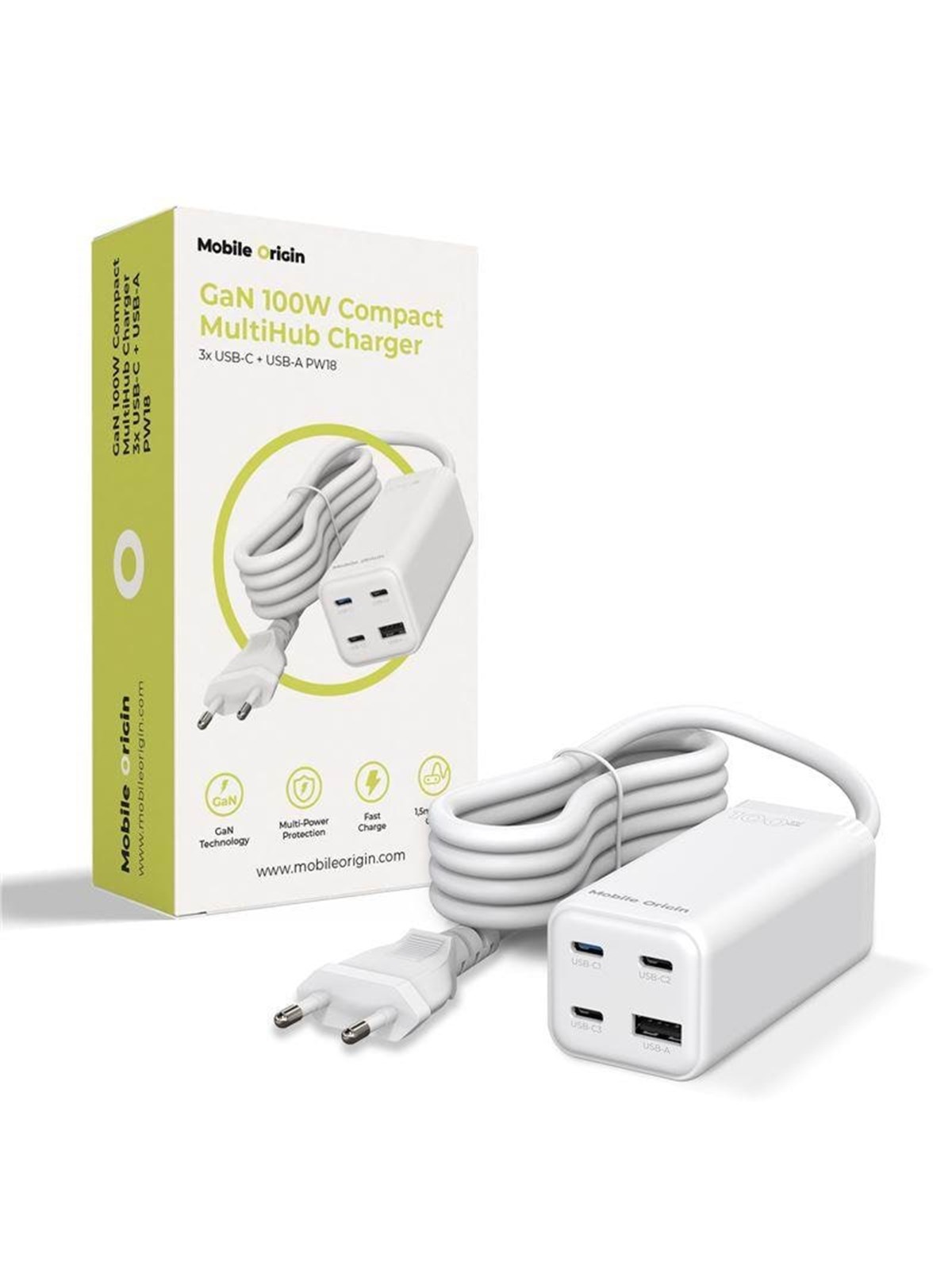 Mobile Origin Gan 100w Compact Multihub Charger Pw18 With 3x Usb-c + Usb-a - Handys Adapter Und Ladegeraete - Mo-100cmh-pw18