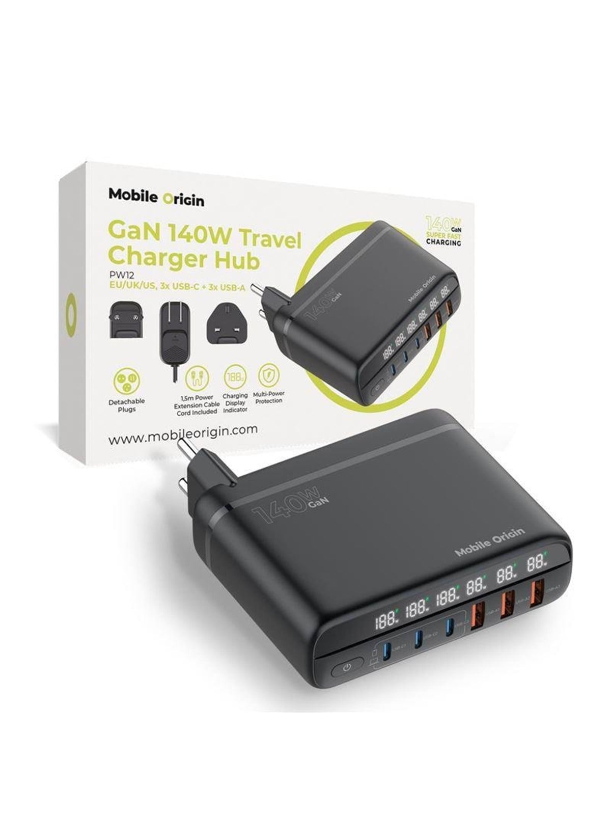 Mobile Origin Gan 140w Travel Charger Hub Pw12 Eu/uk/us - 3x Usb-c + 3x Usb-a - Handys Adapter Und Ladegeraete - Mo-ch140-pw12