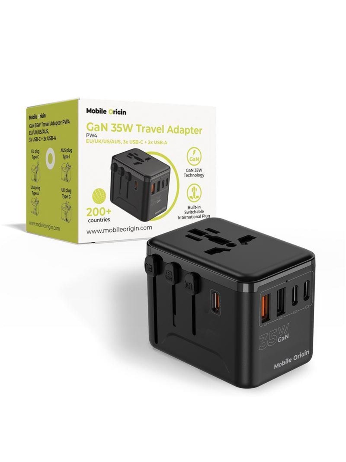 Mobile Origin Gan 35w Travel Adapter Pw4 Eu/uk/us/aus - 3x Usb-c + 2x Usb-a - Handys Adapter Und Ladegeraete - Mo-tra35-pw4