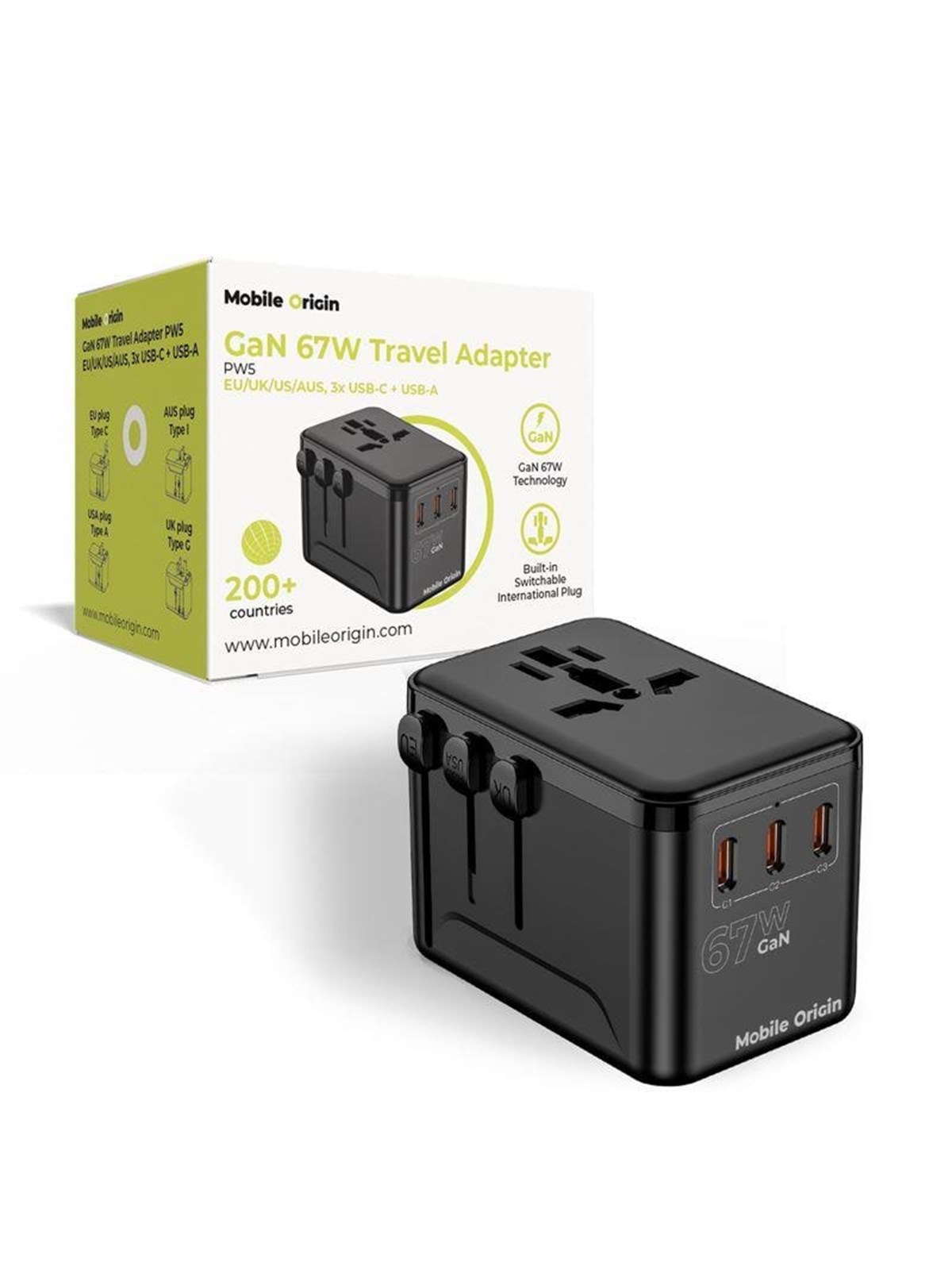 Mobile Origin Gan 67w Travel Adapter Pw5 Eu/uk/us/aus - 3x Usb-c + Usb-a - Handys Adapter Und Ladegeraete - Mo-tra67-pw5