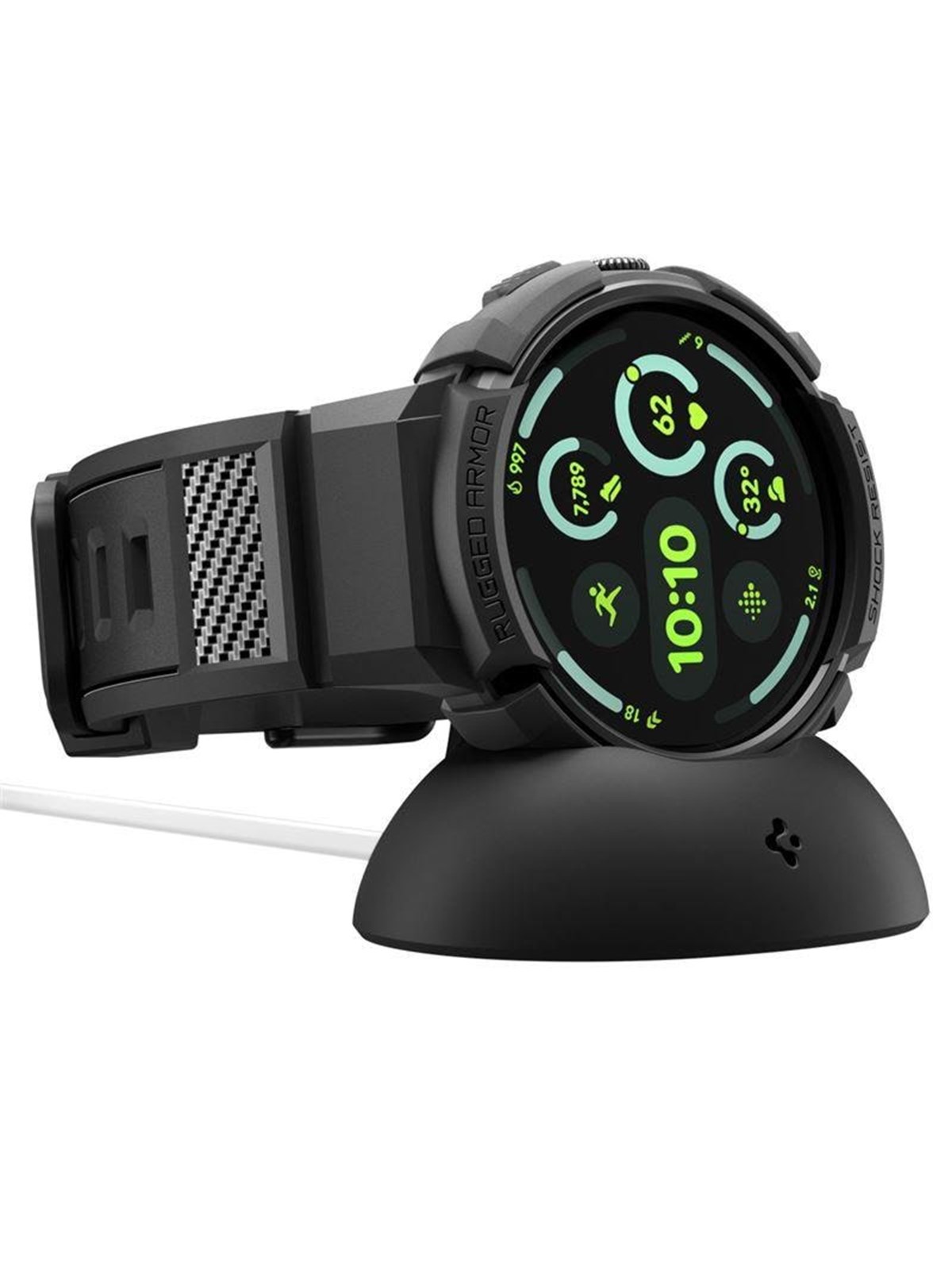 Spigen Rugged Armor Pro + Stand - Matte Black - Google Pixel Watch 4 41mm - Smartwatch Accessories - Acs09484